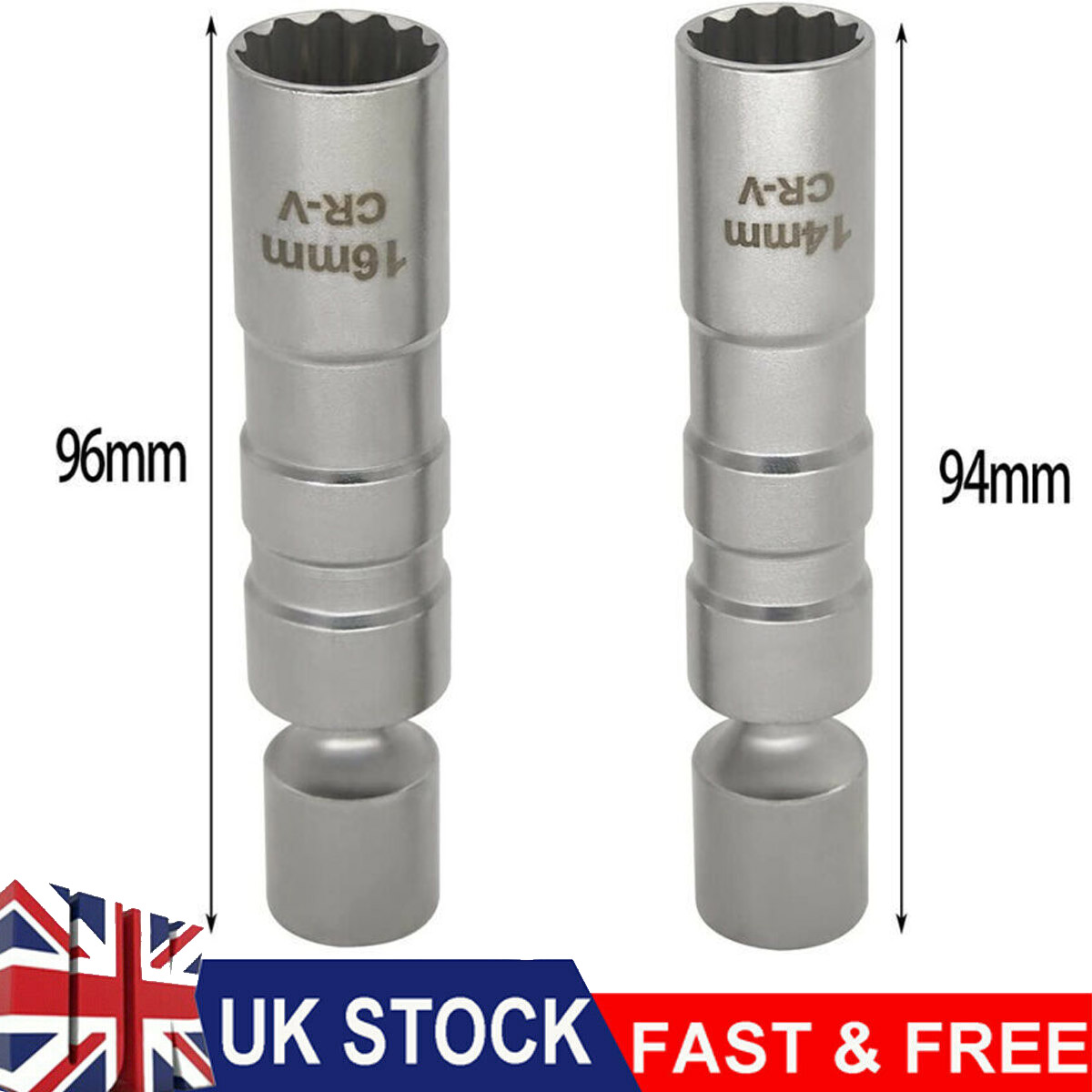 ZKTOOL 14mm & 16mm Magnetic Swivel Thin Wall Spark Plug Socket Set - 12 Point, Wobble Extension