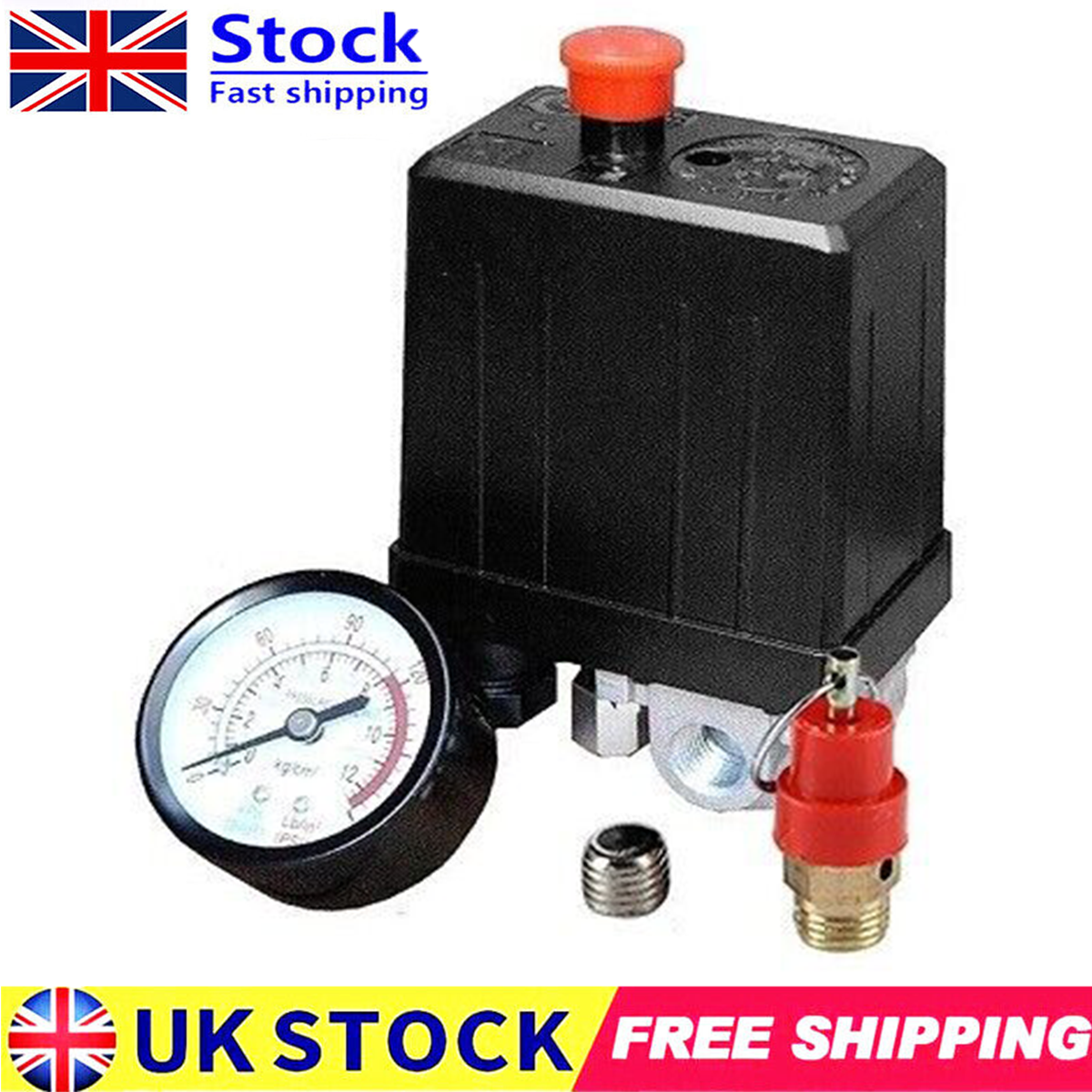 Air Compressor Pressure Switch + Gauge & Safety Valve Set - 240V Single Phase UK