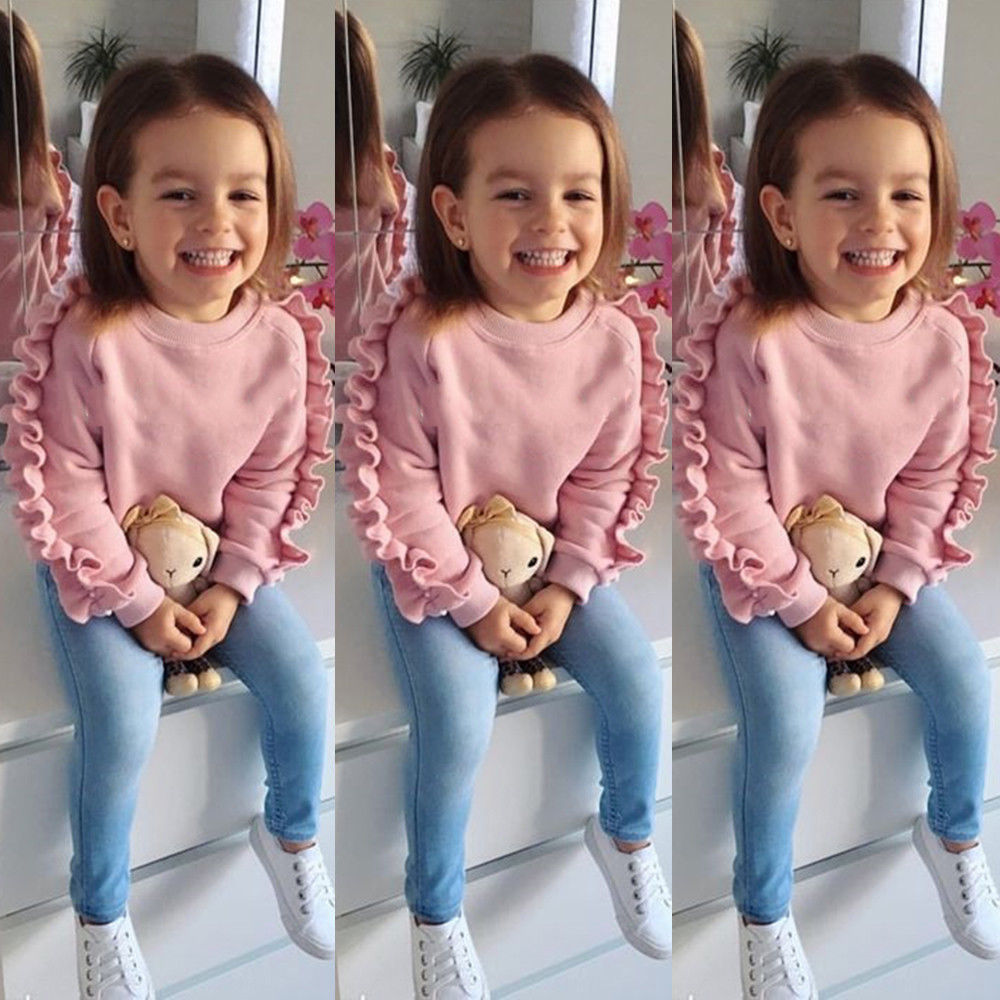 2PCS Toddler Kids Baby Girls Ruffle Tops Denim Pants Winter