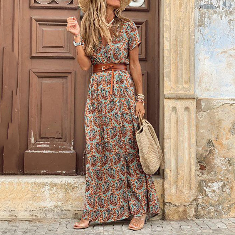 Women's Summer Boho Floral Maxi Dress Ladies V Neck Beach Short Sleeve  Sundress | eBay