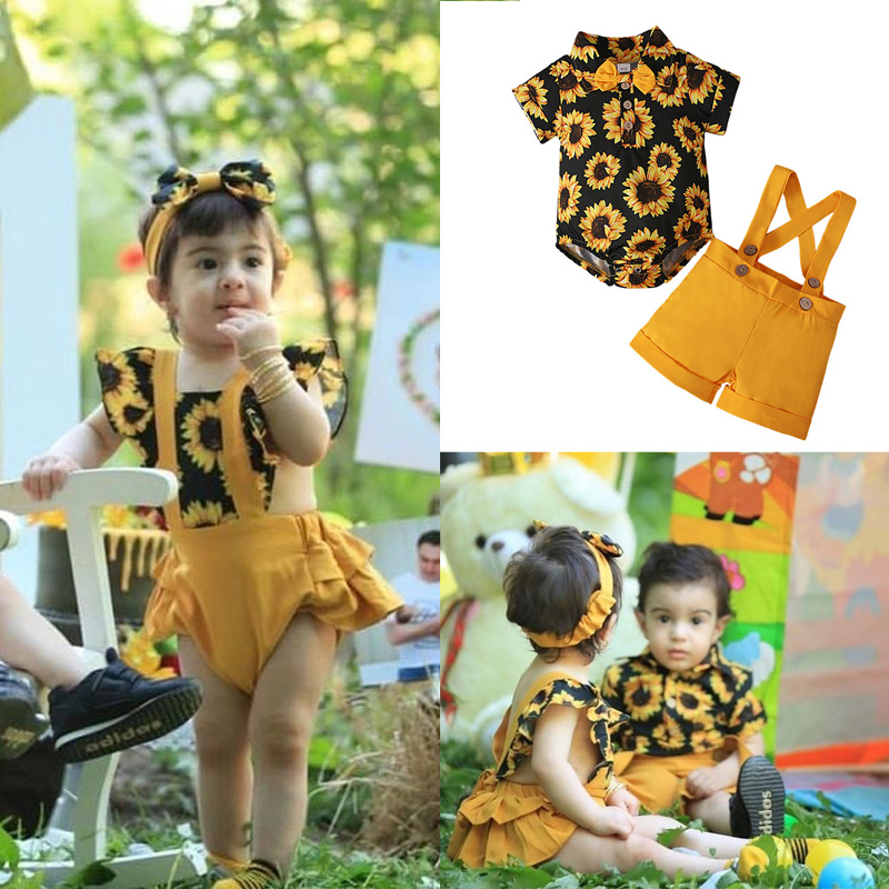 2PCS Newborn Baby Girl Clothes Sunflower Romper Bodysuit Shorts Headband Set