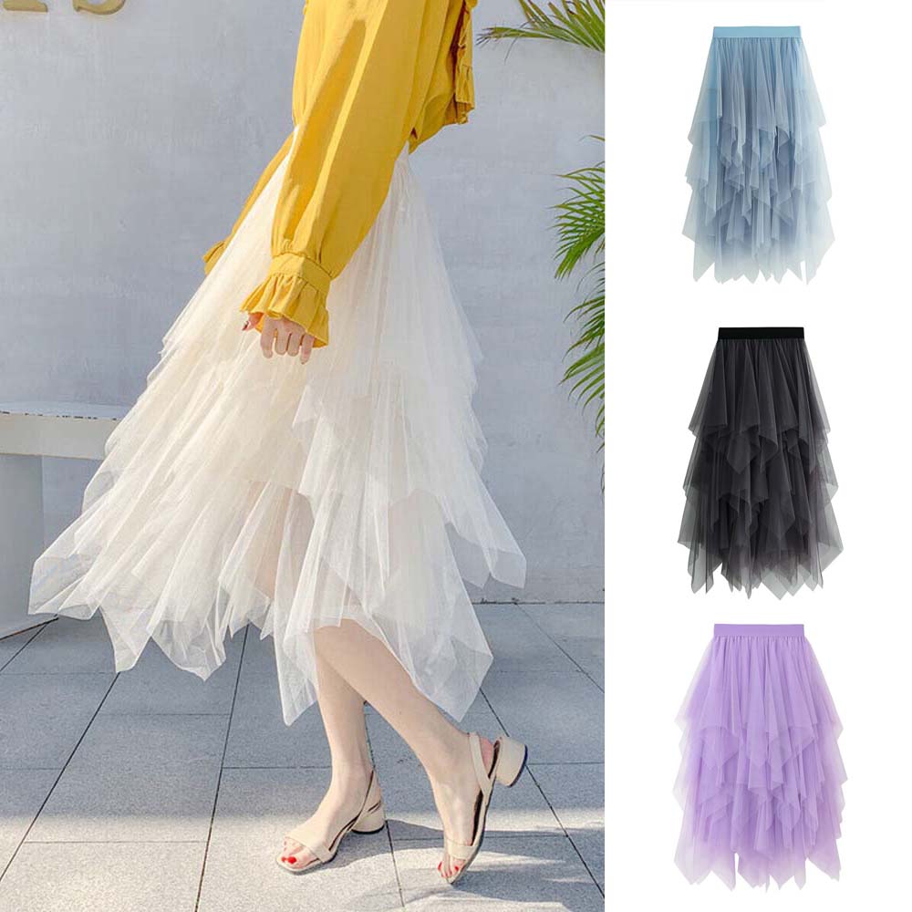 Women Solid Color Long Skirt Tulle Skirt Mesh Pleated