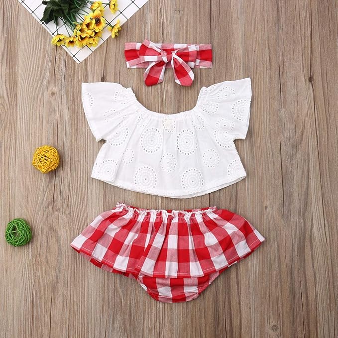 Baby Girl 3-Piece Outfit Set - Ruffle Sleeve Top, Plaid Skirt & Headband For Summer, Sizes 0-18 Months