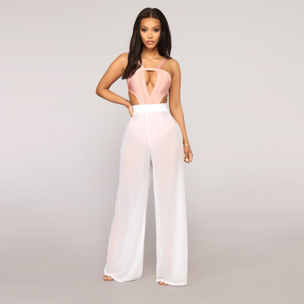 Female Sexy Solid Color Gauze Mesh See-through Loose Pants Long