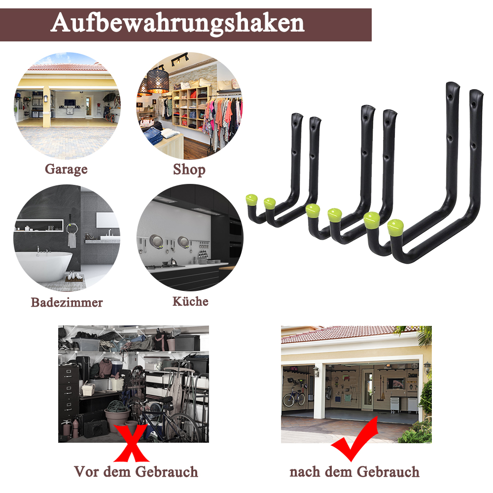 6 PCS Wandhaken Montagehaken-Set Garage Schwerlast-Gerätehalter Leiter