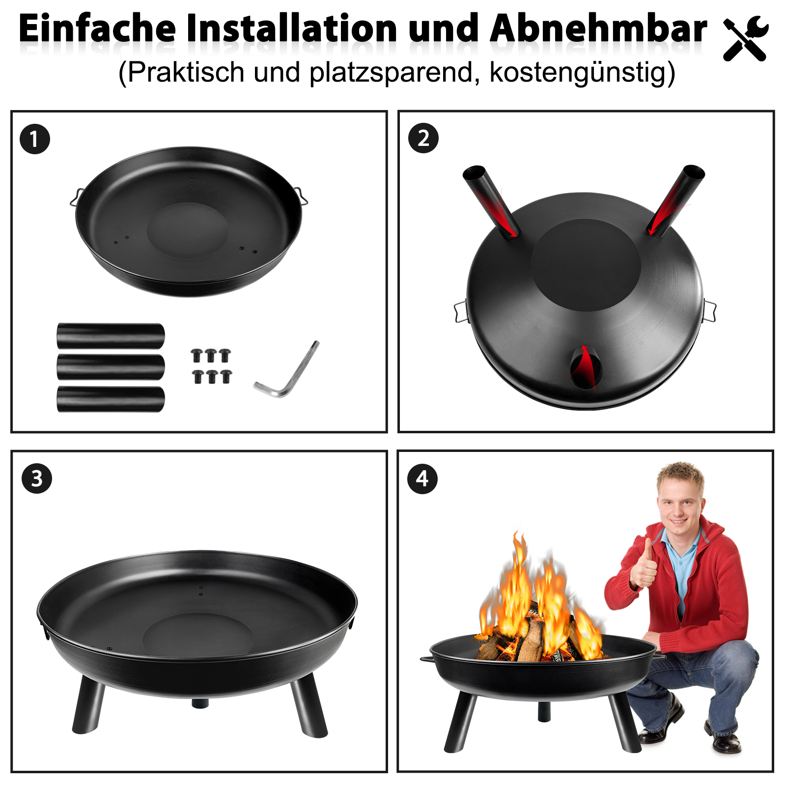 Schwarz Eisen Klöpperboden Feuerschale Feuerkorb Lagerfeuer Feuerstelle