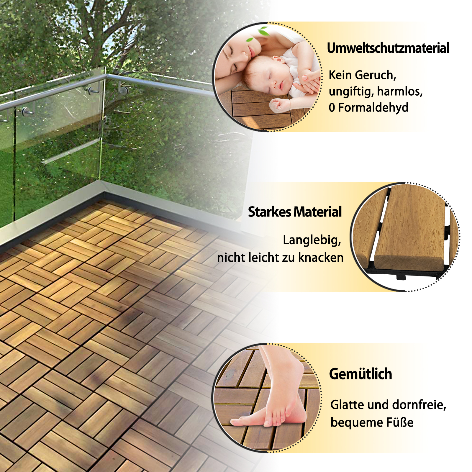 Holzfliesen Akazie Bodenfliese 2qm Holzoptik Terrassenfliesen