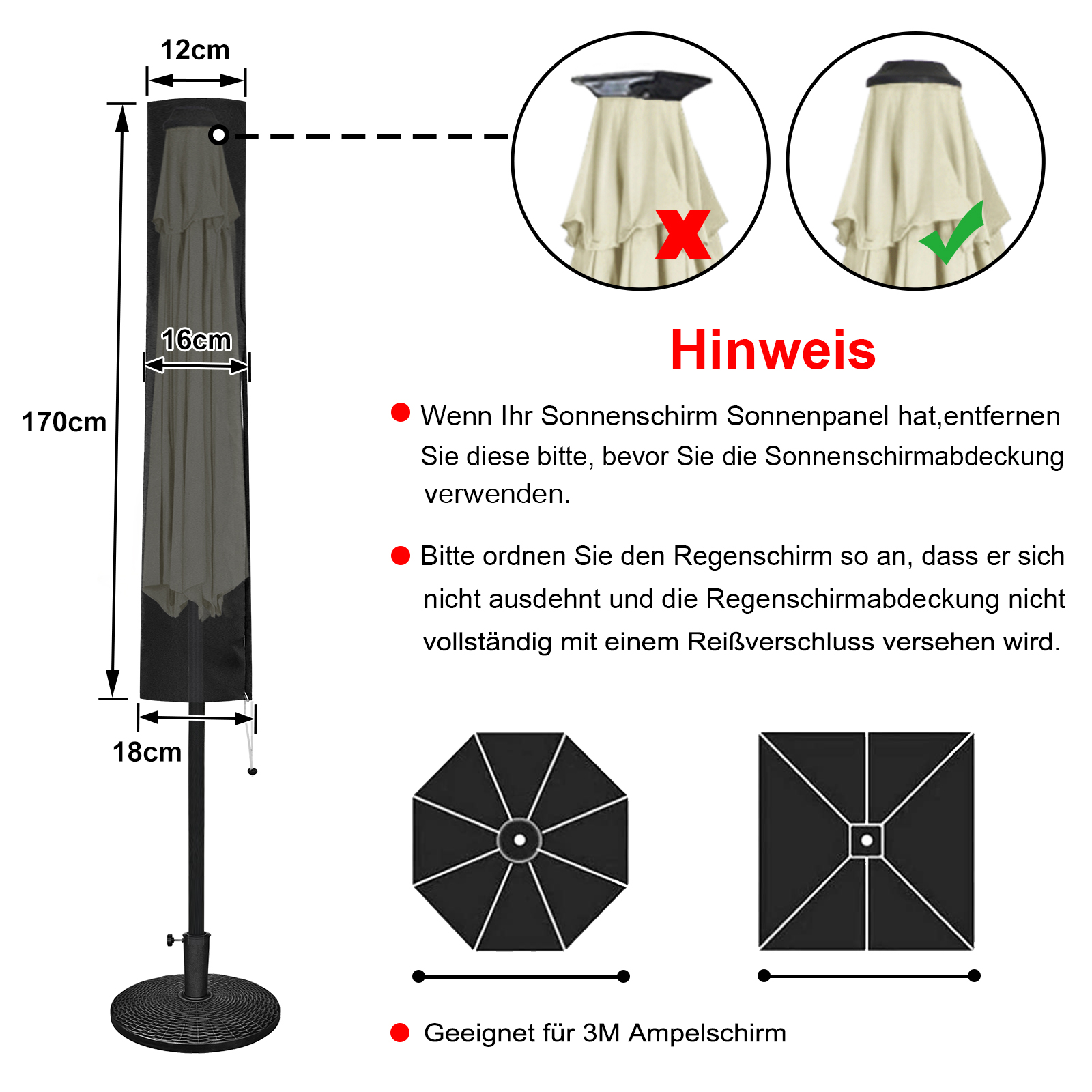 Anthrazit Schutzhülle für Sonnenschirm Ø 3m Garten