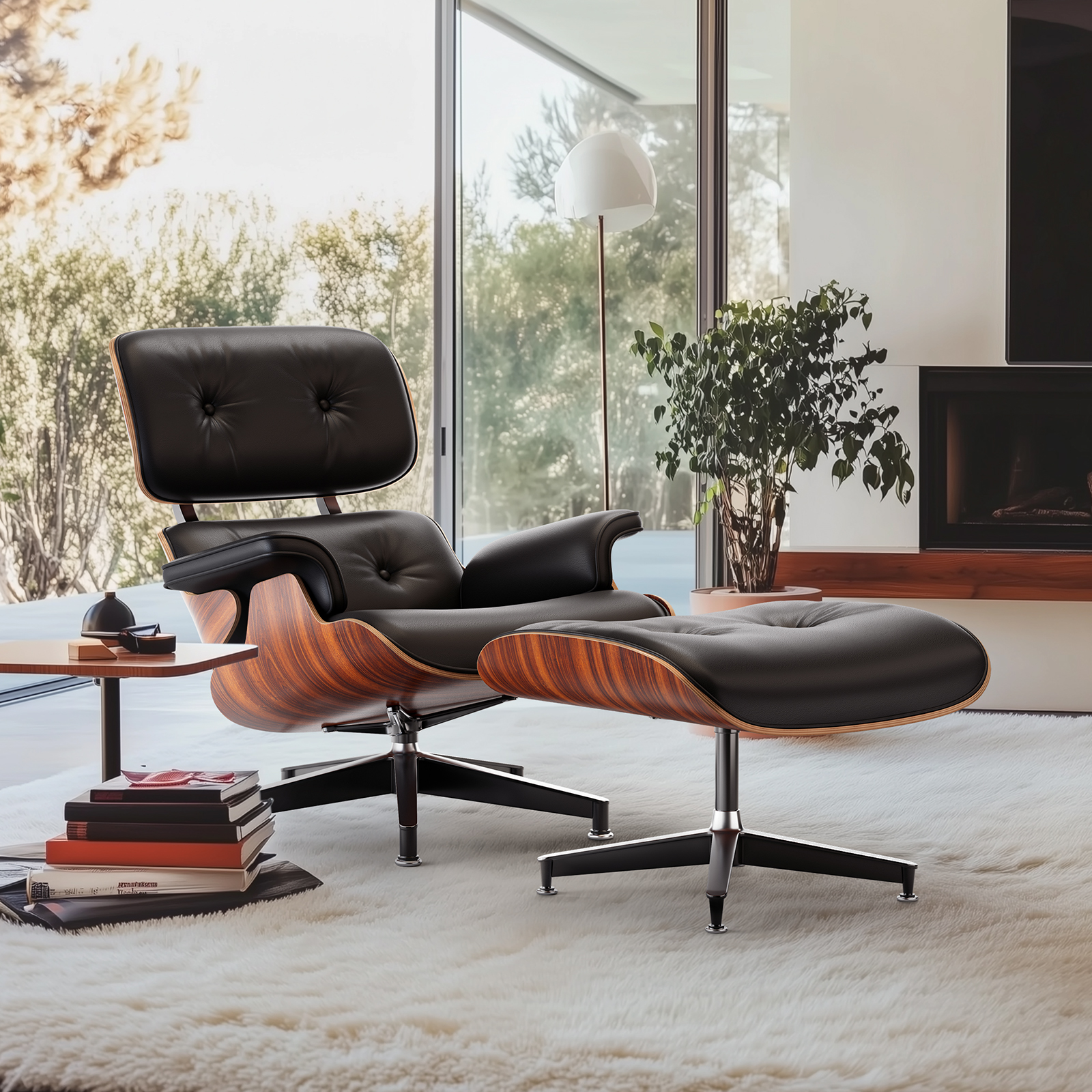 Mid Century Eames Lounge Chair And Ottoman Set Black Leather