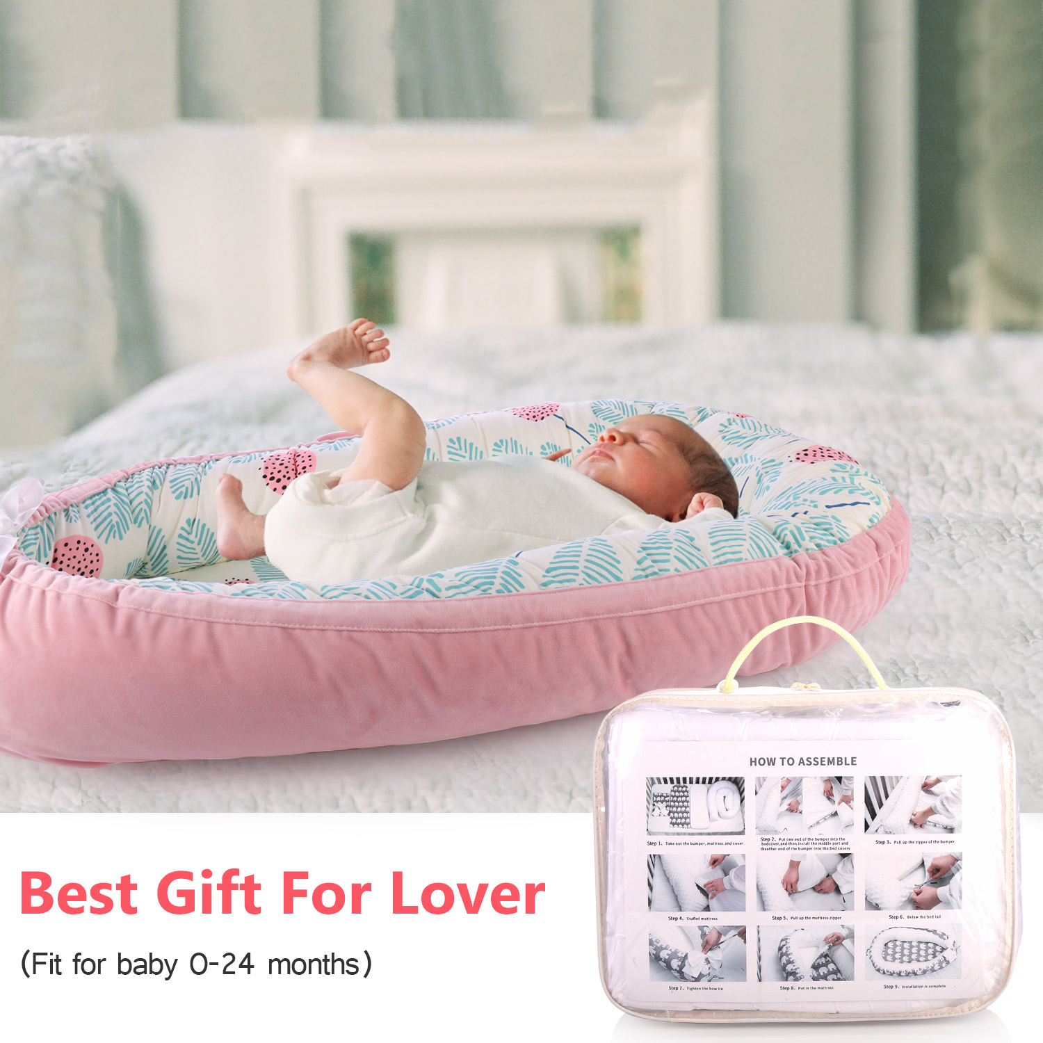 Comfortable 100% Cotton Portable Newborn Sleeper Baby Lounger Nest Rainbow White Machine Washable Cushion Soft for Baby in Bed Infant Lounger with Double-Sided Pillow Breathable 