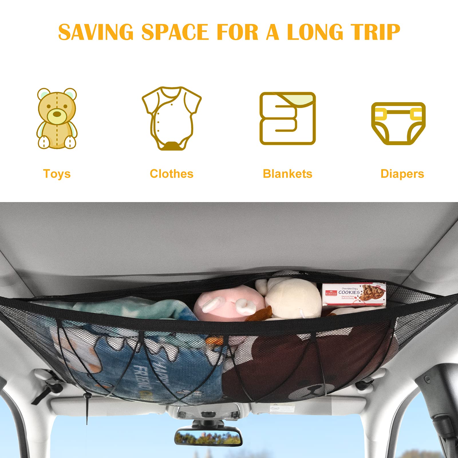 JYMAOYI Double Layer Roof Cargo Net Pocket For Toyota - Black Mesh Storage Bag