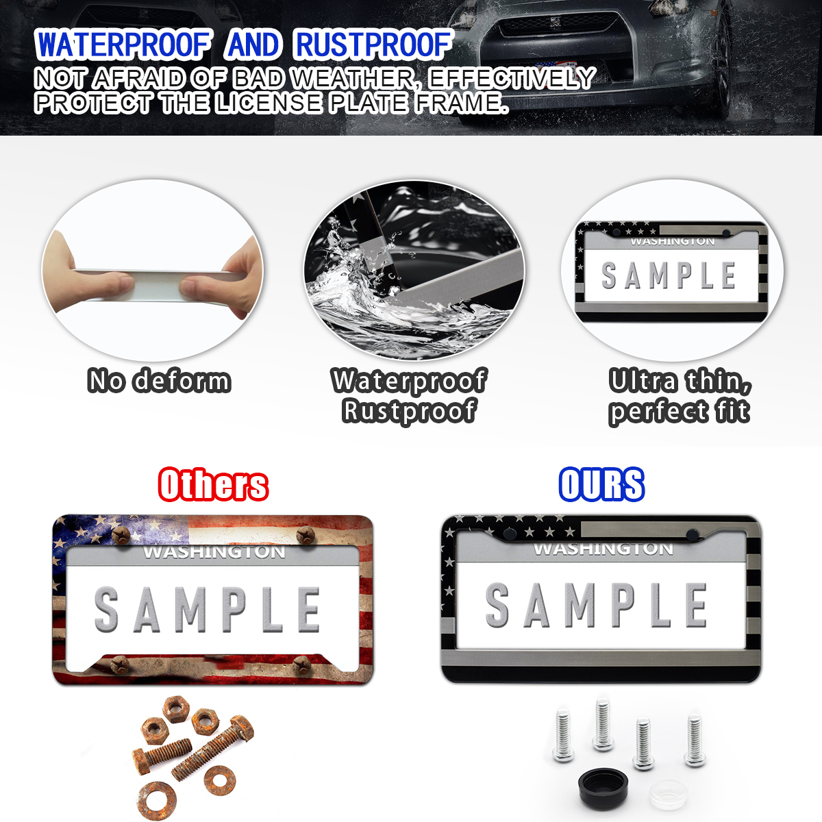 2-Pack US Flag License Plate Frame – Grey/Black, Fits Nissan SUV & Cars (Front/Rear)