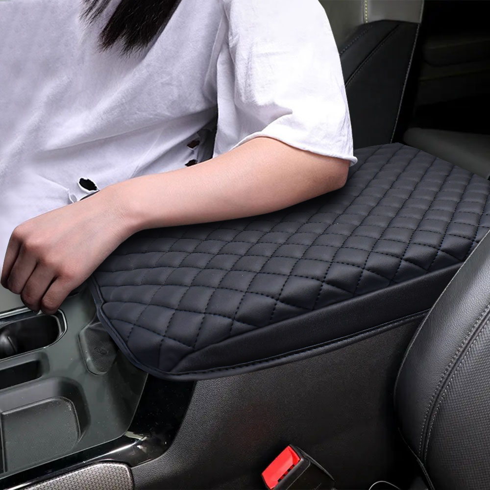 MOXRUQ Car Center Console Cover For Chevy Silverado 2019-2024 - Leather Armrest Protector With Straps (Black)