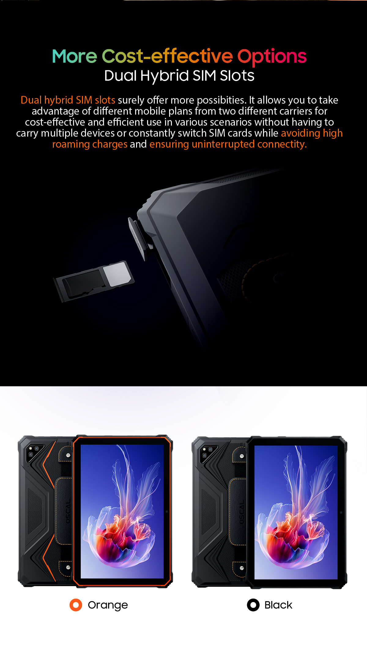 Tablette tactile Oscal Tablette Tactile Incassable Spider 8 10.1 2K FHD  16Go+128Go(SD 1To) 13000(33W) 16MP+13MP Android 13 Orange Avec Clavier K1