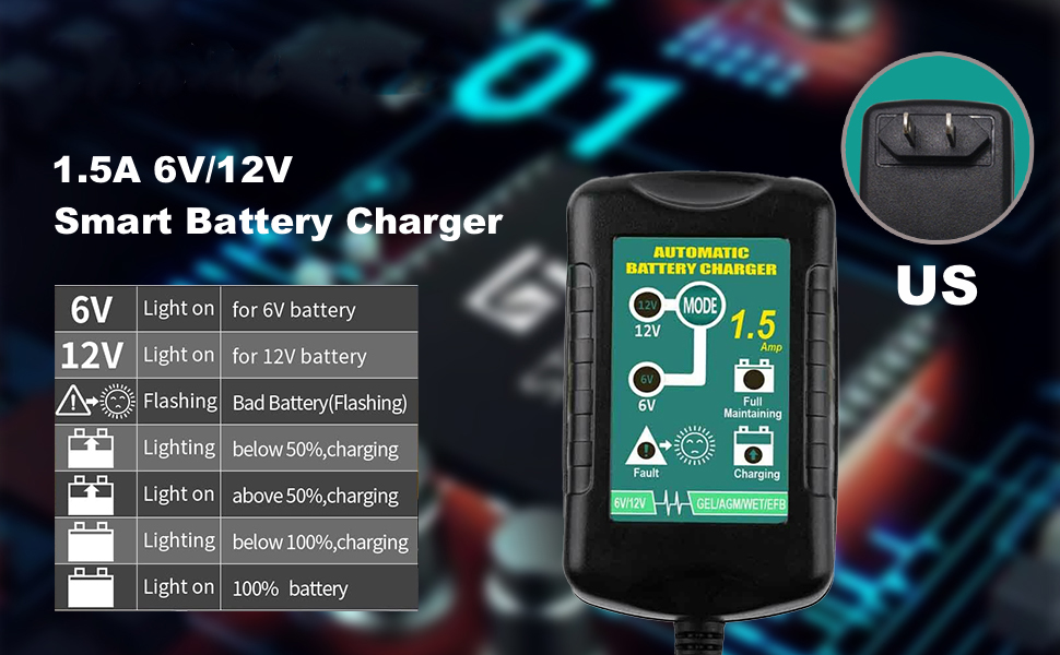 6V 12V Battery Charger 1.5Amp Portable Automatic Smart Float Charger Maintainer Trickle