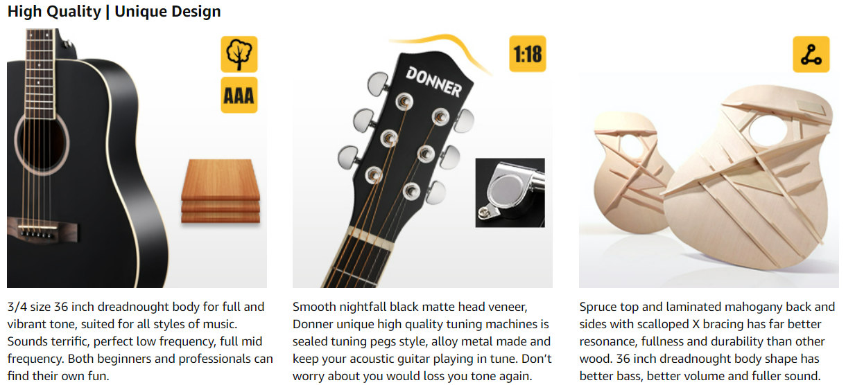 Donner 36'' Dreadnought Acoustic Guitar 3/4 Size Black Guitar Bundle  Package Kit for Beginner Kid Teen Student Adult Travel, Spruce Wood With  Gig Bag Capo Tuner Strap String Guitar Picks DAG-1MB Acoustic