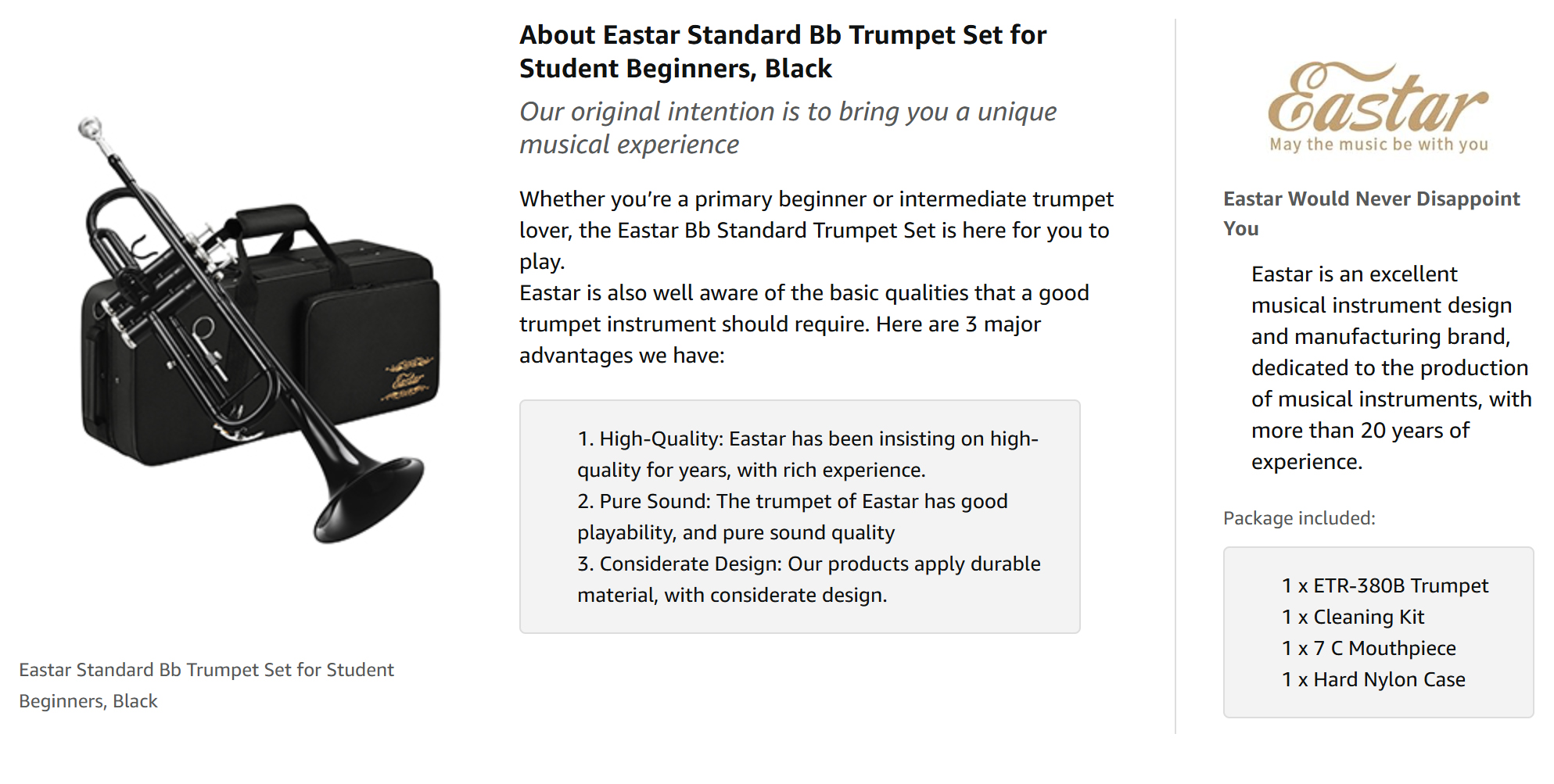 Eastar Bb Trumpet Standard Trumpet Set for Student Beginner