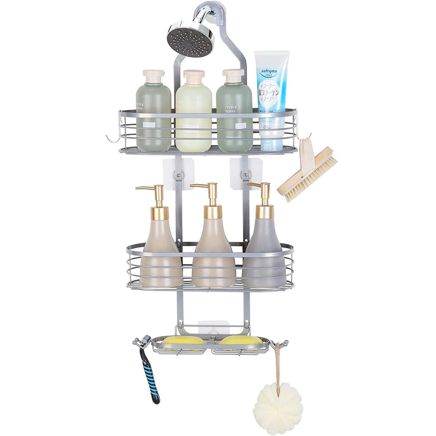 1pc Shower Caddy Over Shower Head, Large Hanging Shower Caddy With 12 Hooks  For Razor Sponge, Over The Shower Head Storage Rack With Soap Basket, Hang