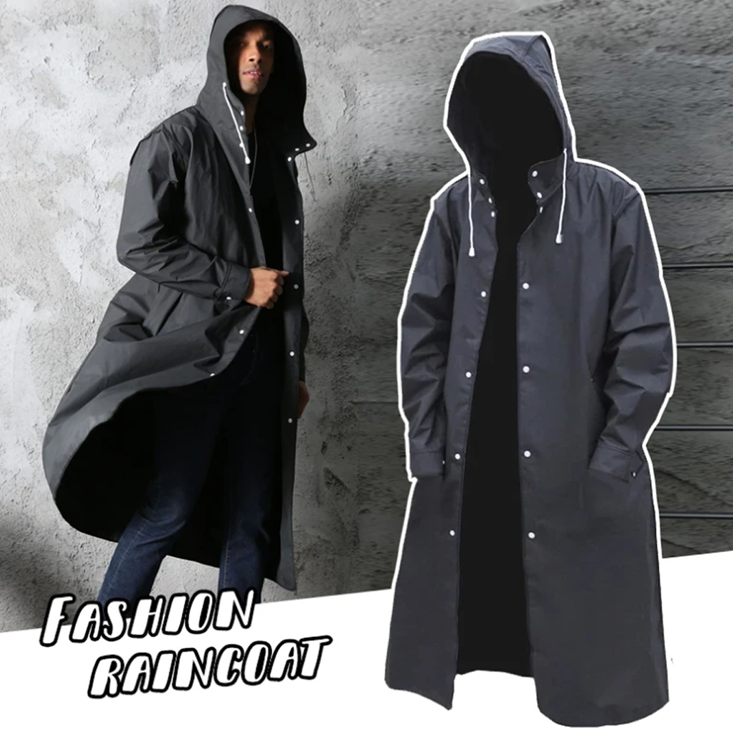 Raincoat Men Black Waterproof Long Rain Coat Hooded Trench Jacket