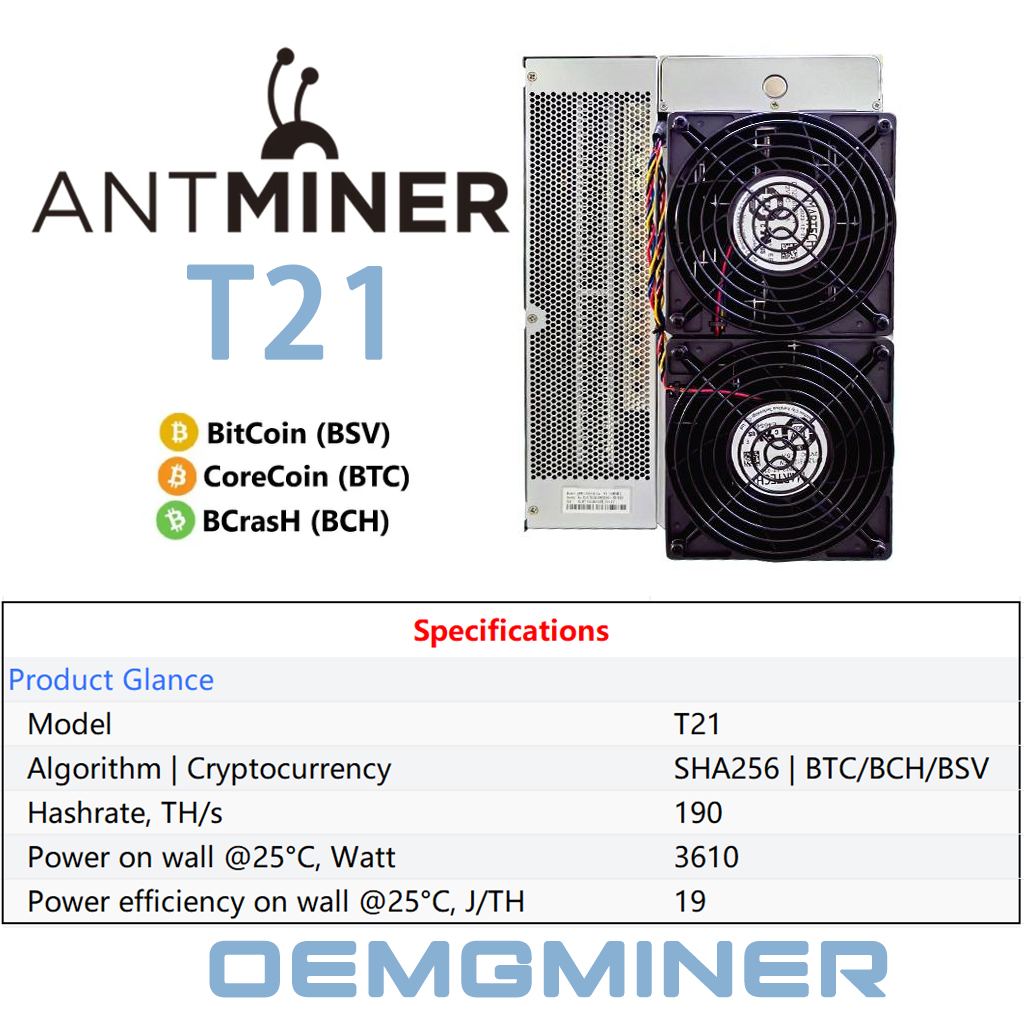 New Antminer T21 190T 3610W Algorithm SHA-256 Bitmain mining BTC Bitcoin  Miner | eBay