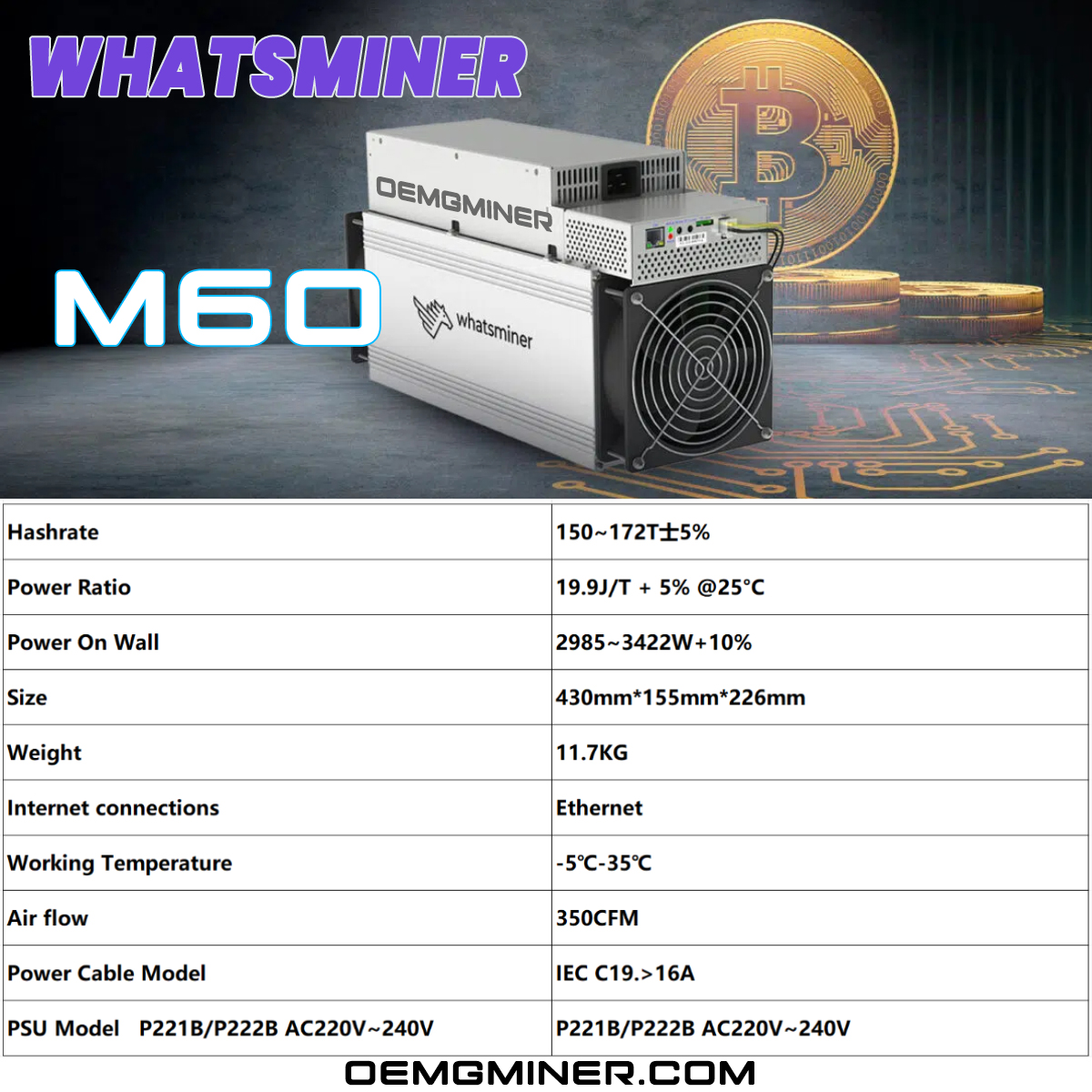 New Whatsminer M60 168T 3343W ASIC Miner BTC Bitcoin Miner Include PSU |  eBay