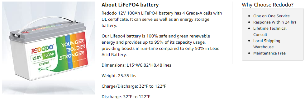 Redodo Lithium Battery 12V 100Ah LiFePO4 for RV Off-grid Solar Trolling  Motor
