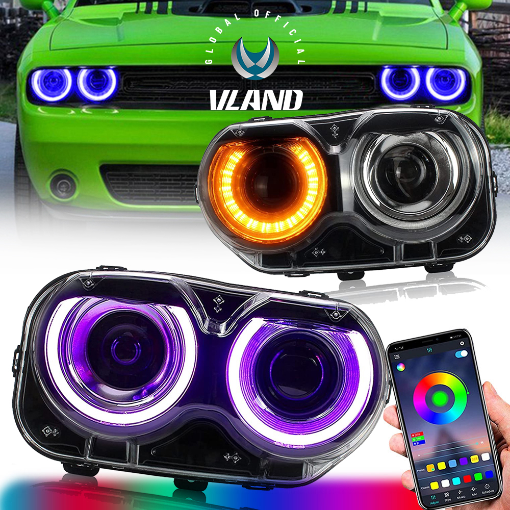 VLAND Pair Headlights RGB DRL Set For For 2015-2022 Dodge