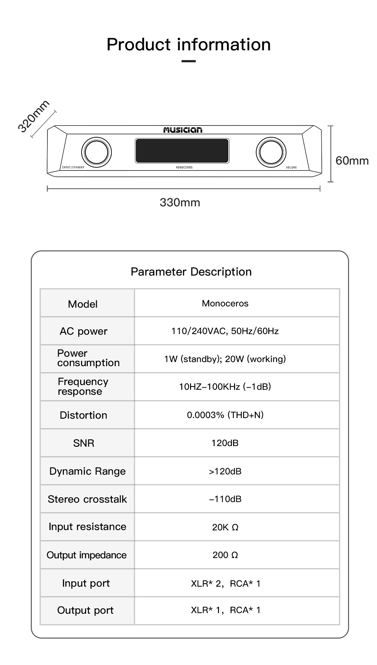 Musician Monoceros fully balanced class A power Amplifier XLR RCA