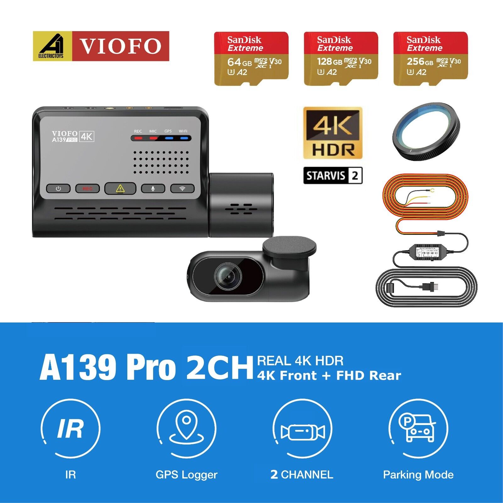 VIOFO 4K HDR Dash Cam Front and Rear A139 Pro 2CH , STARVIS 2 IMX678  Sensor, Super Night Vision, Ultra HD 4K + 1080P Dashcam