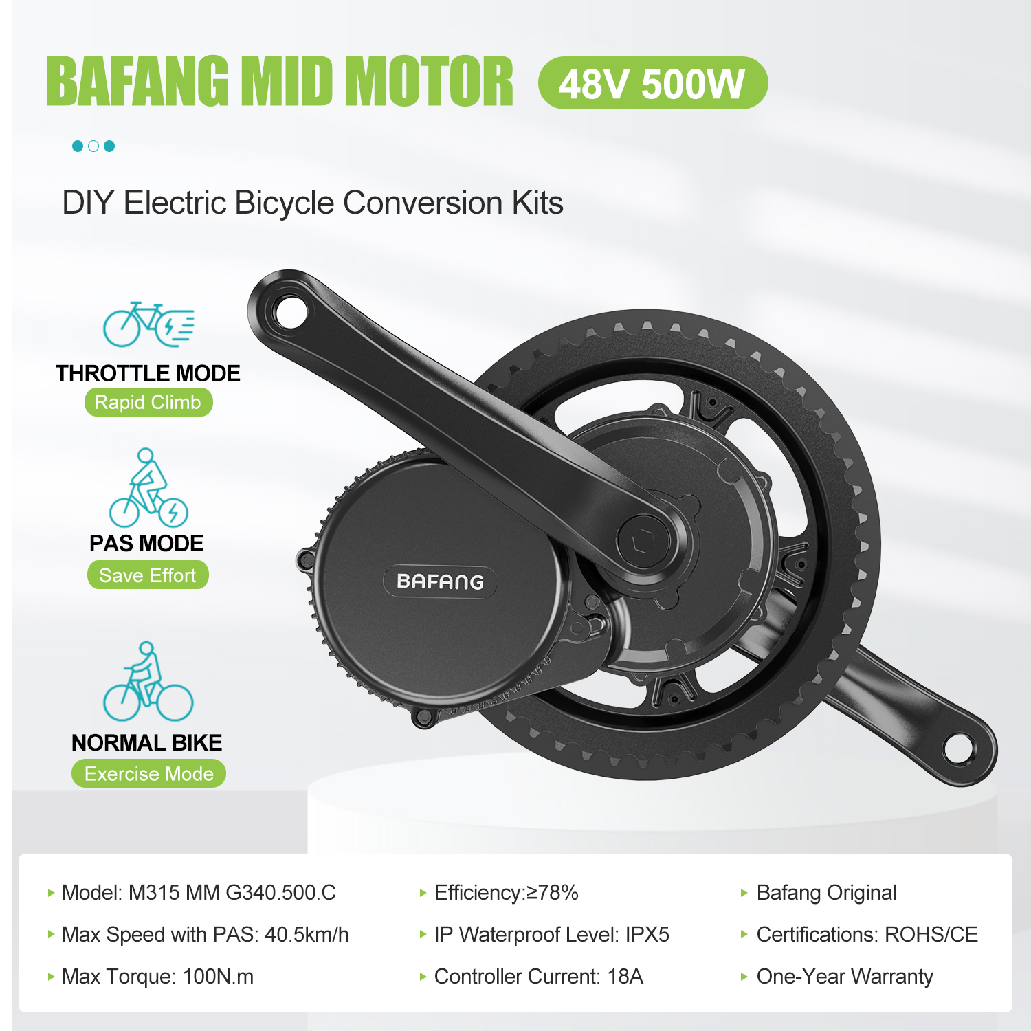 Mid Drive Bafang 8fun Motor Kit - 350W Power & PAS Sensor