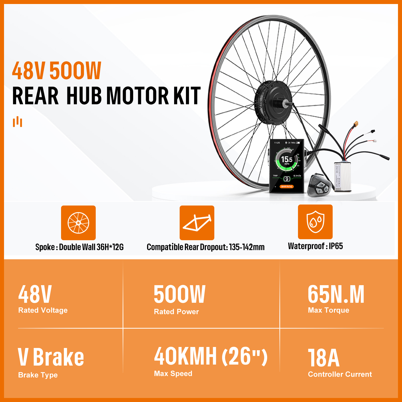 HalloMotor 36V/48V 500W E-Bike Umbausatz – Vorder- Oder Hinterrad – 20–29 Zoll – Inkl. Controller, Bremshebel & LCD – Ohne Akku