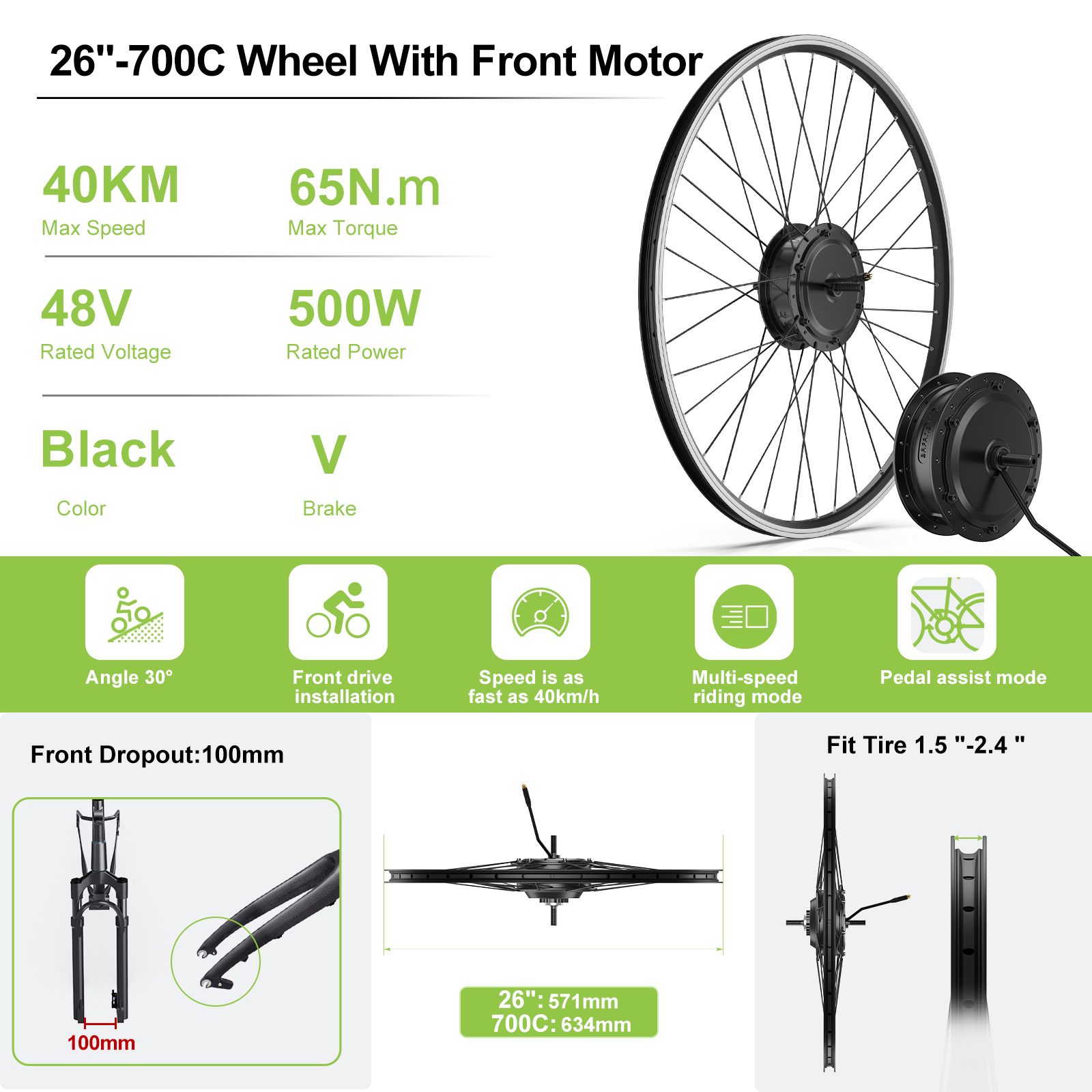 Bafang | E-Bike Nabenmotor H400B G020 Vorderrad 36V 48V 250W 500W für