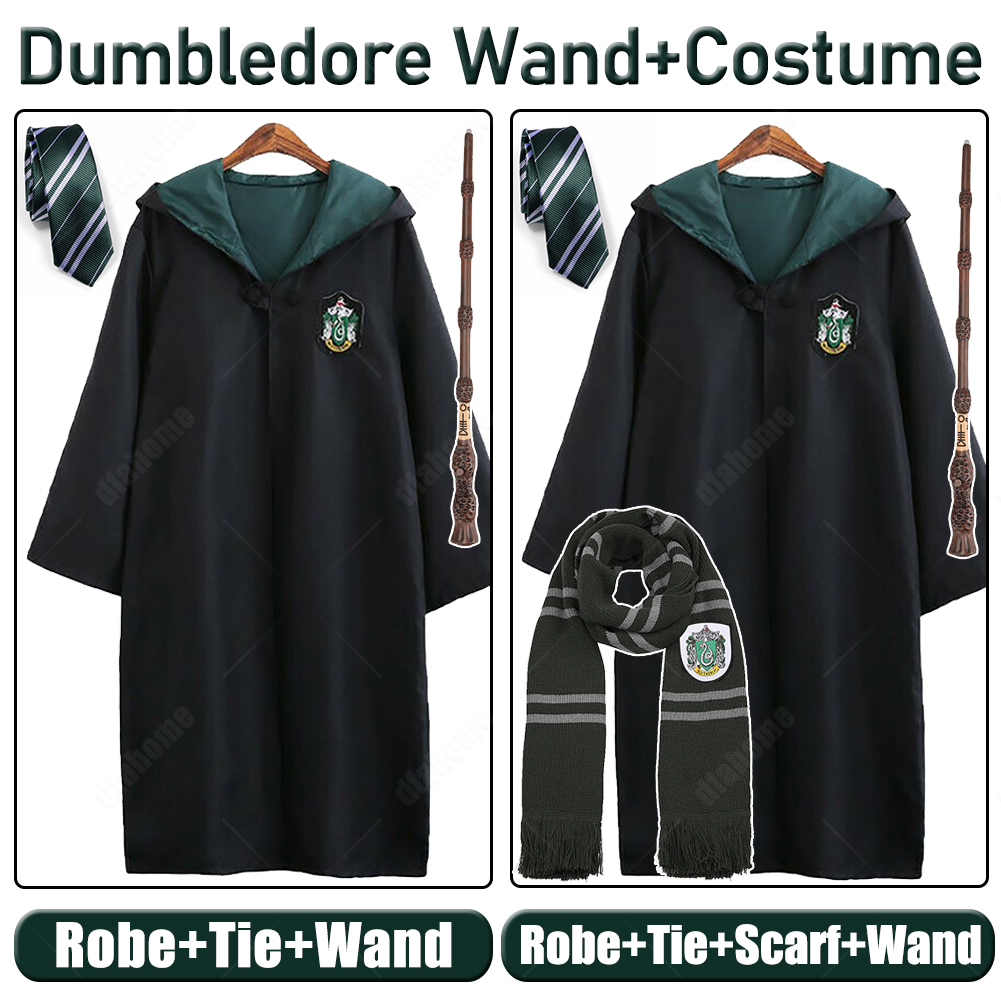 Harry Potter Slytherin Draco Malfoy Robe Cloak Tie LED Magic Wand Scarf Costume - Picture 16 of 23