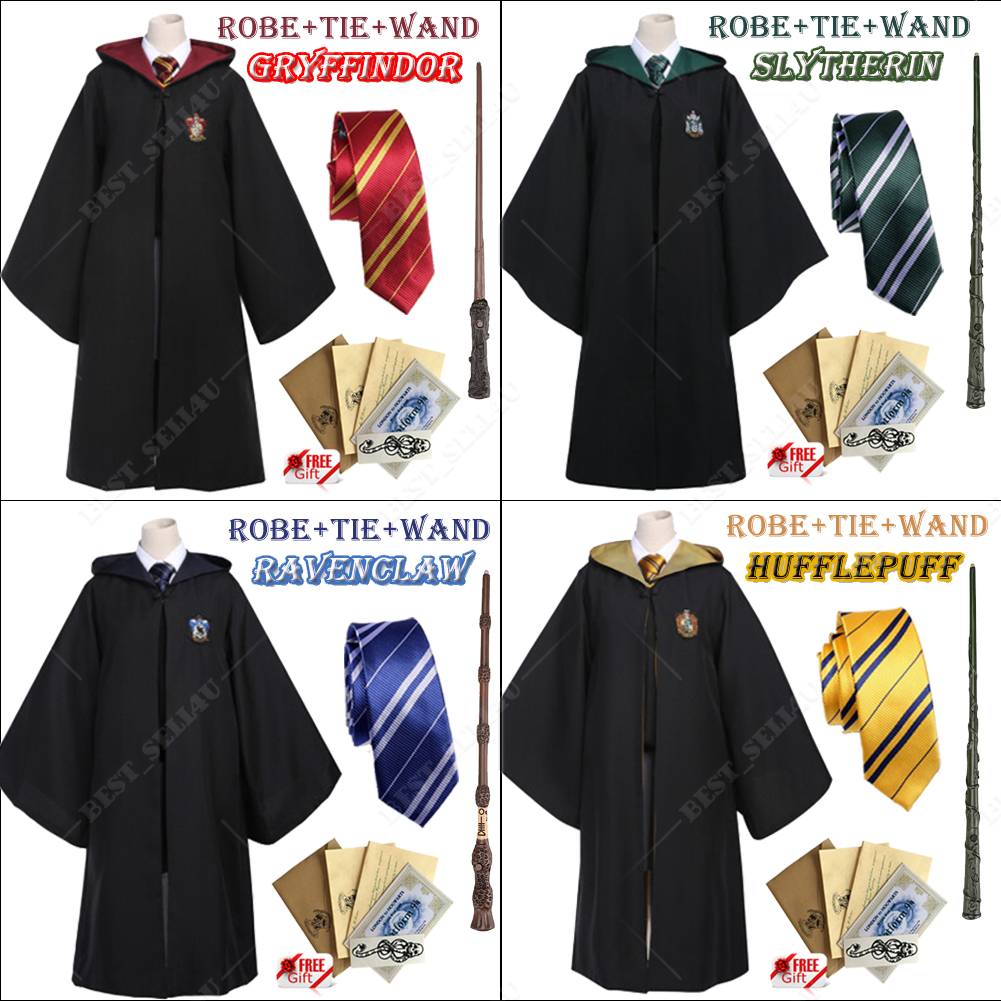 Harry Potter Gryffindor Hufflepuff Slytherin Costume Robe Scarf Tie Magic Wand - Picture 15 of 18