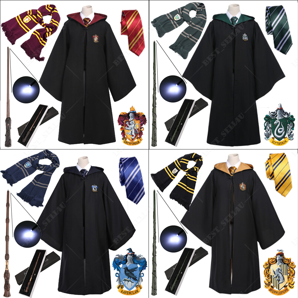 Harry Potter Gryffindor Hufflepuff Slytherin Costume Robe Scarf Tie Magic Wand - Picture 16 of 18