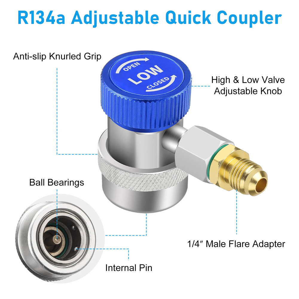 2pcs AC R134A Quick Coupler Adapter Kit HVAC Adjustable High Low Connector 1/4"
