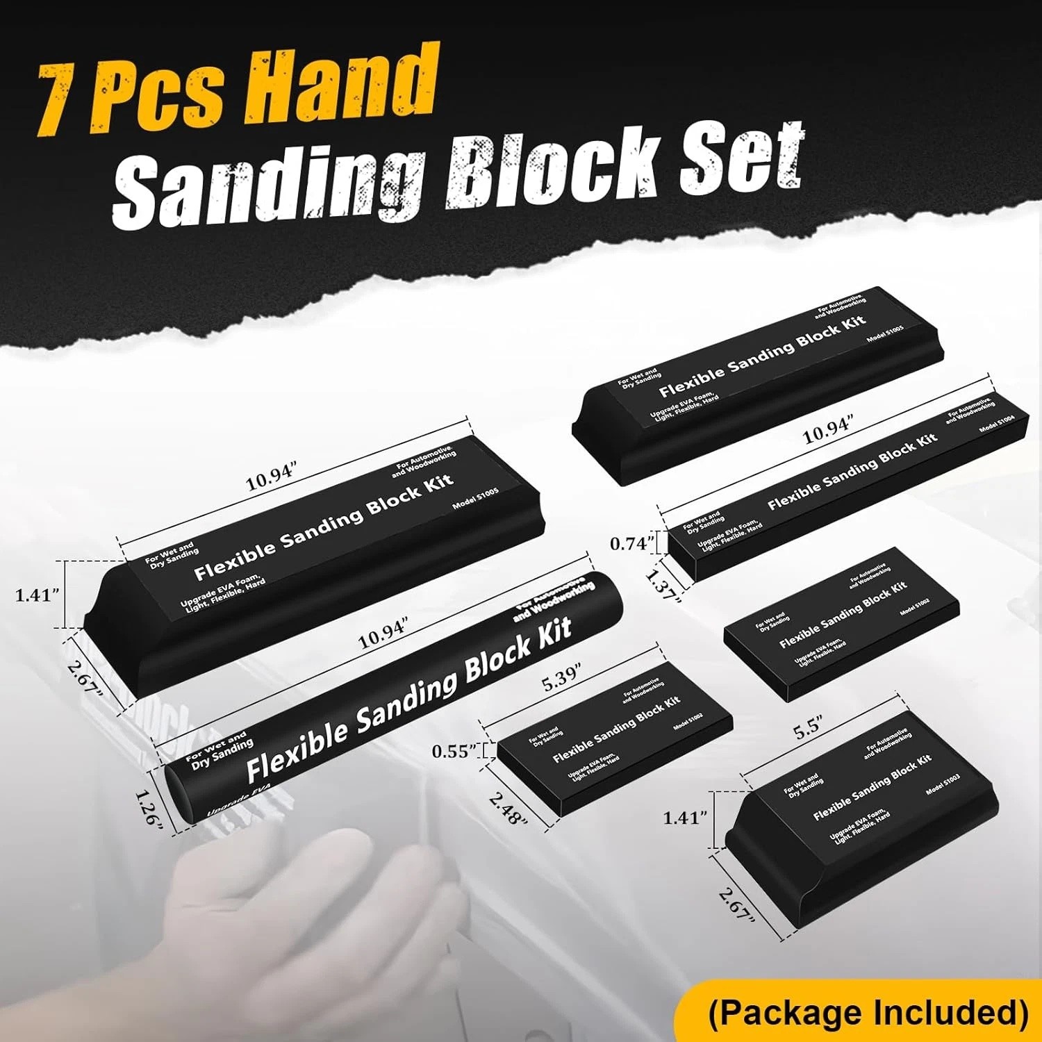 7Pc Sanding Block Kit Flexible EVA Foam Wet or Dry for Automotive or Woodwork