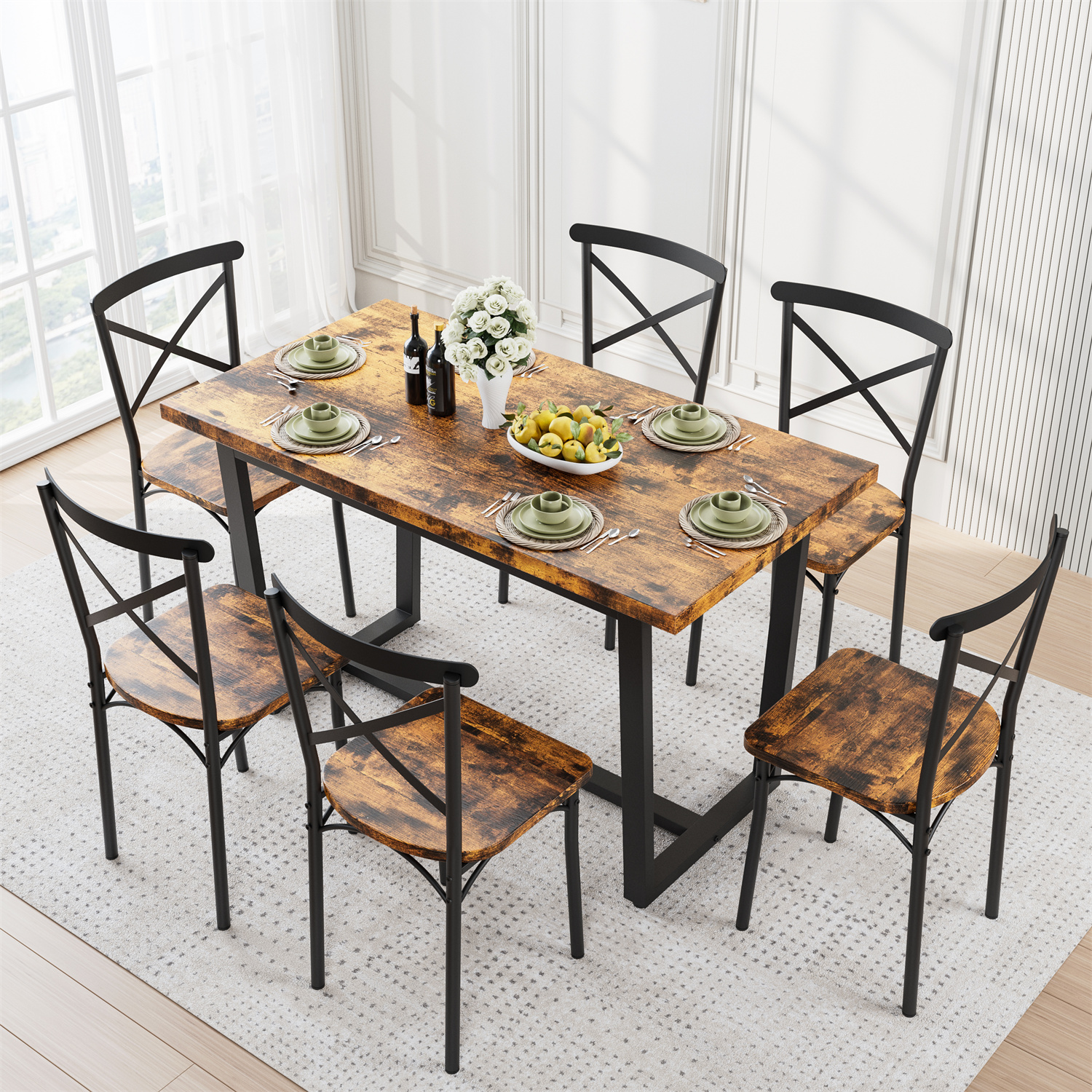7 Piece Dining Table Set Tables & 6 Chairs Home Kitchen