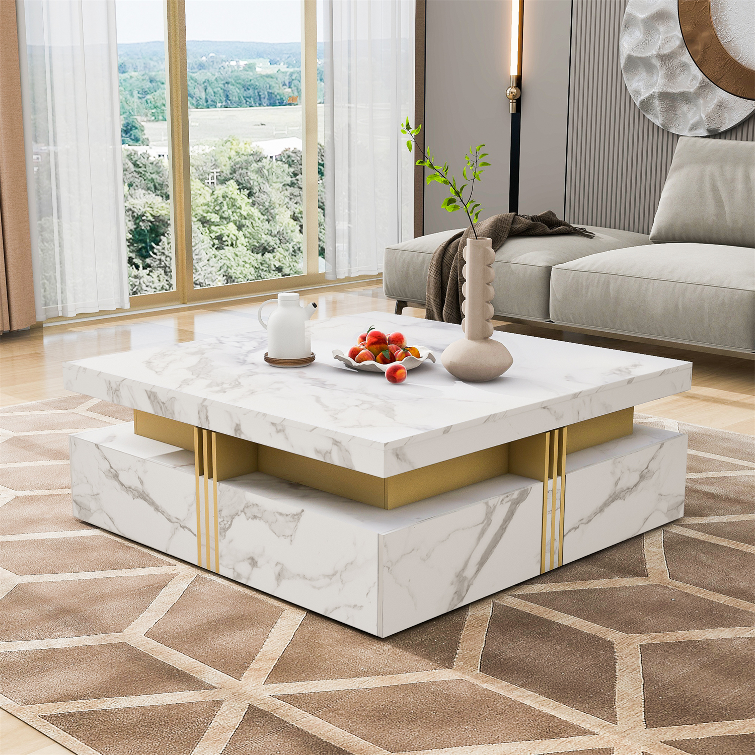 Square Coffee Table Cocktail Center Table w/ 4 Storage Drawers for