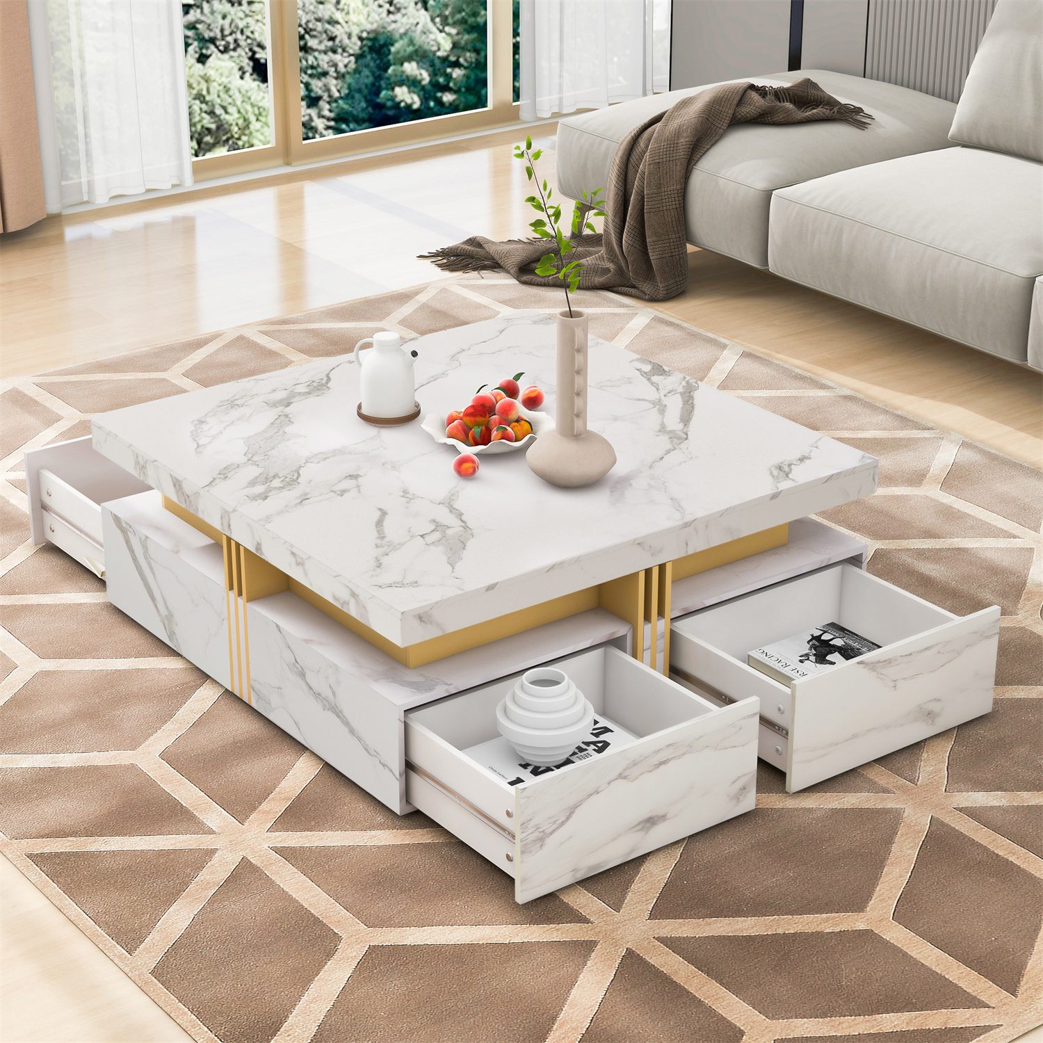Square Coffee Table Cocktail Center Table with 4 Storage Drawers