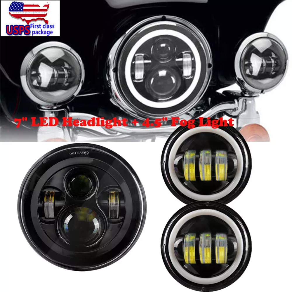 7" LED Projector Headlight & Passing Light Kit For Harley Touring Models - Black Housing, 14,000 Lumens