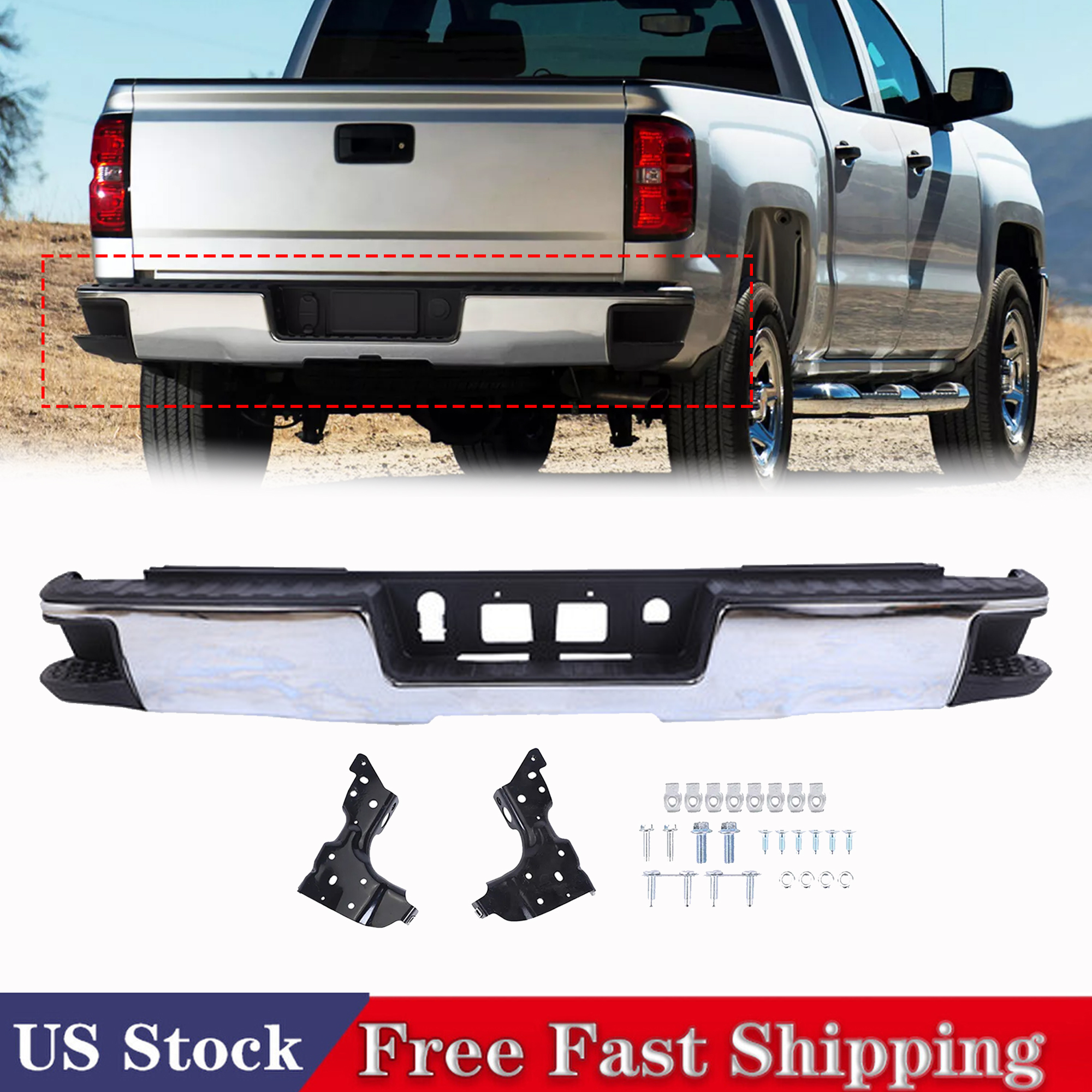 Chrome Rear Bumper Assembly For Chevy Silverado & GMC Sierra 1500 – 2014-2018, No Sensor Holes