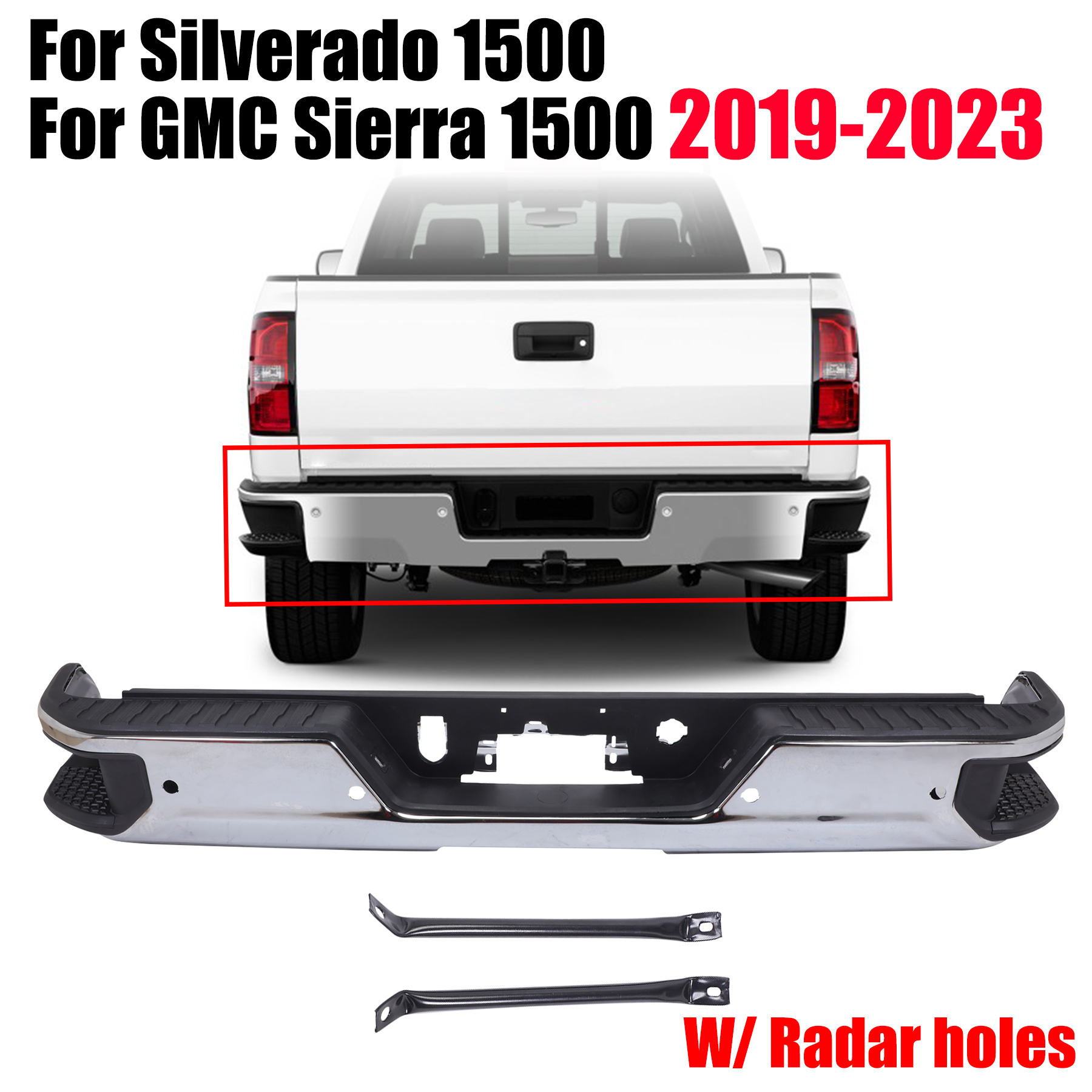 Turitrade Complete Rear Bumper Assembly – Chevy Silverado Sierra 1500 2019–2023 – Chrome
