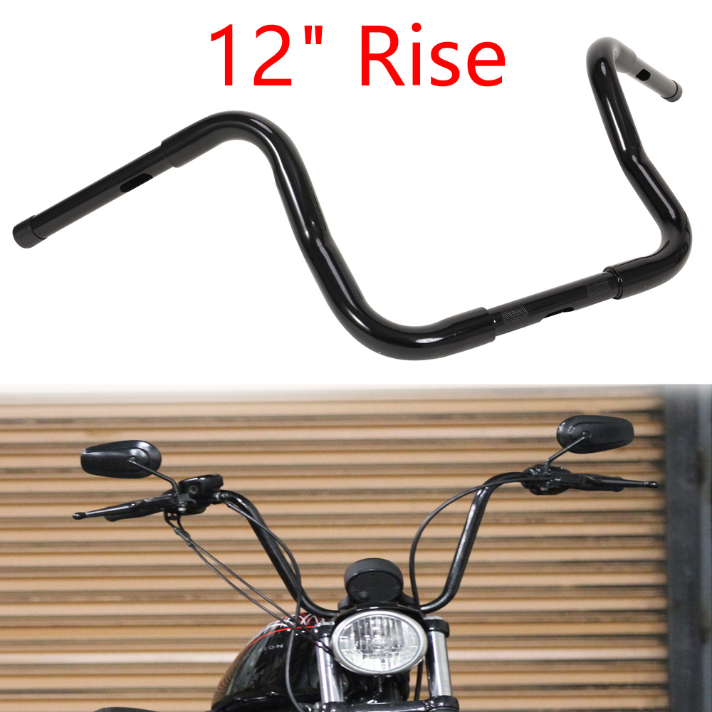 12" Rise Ape Hanger Handlebars For Harley Dyna, Softail, Road King & More - 1" Clamp, 32.5" Wide, 7" Pullback, Black