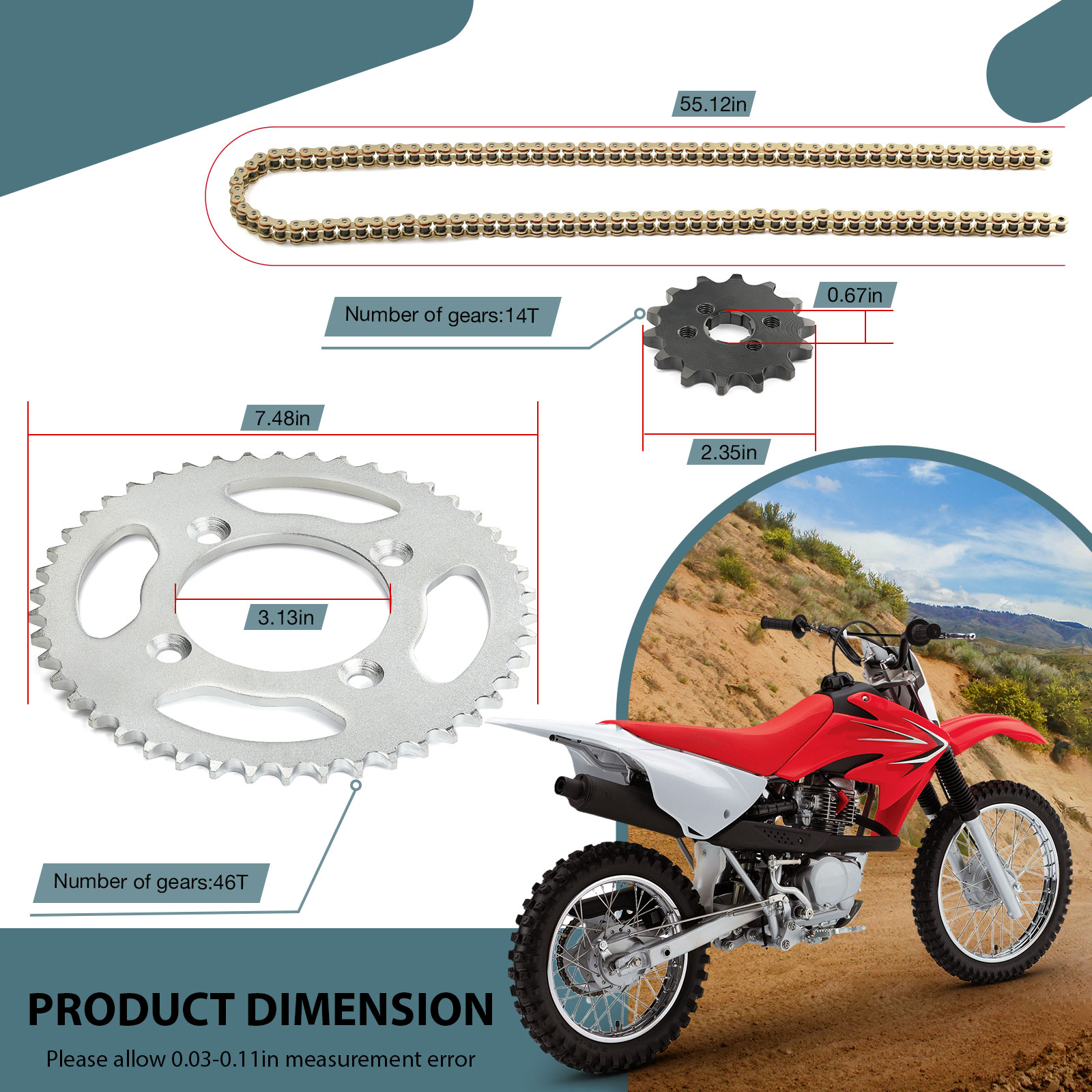 80 Chain Gold Drive Chain & Sprocket Kit For Honda XR80R (1985-2003) & CRF80F (2004-2013) - Complete Replacement Set Xr50 Rear Sprocket - Foto 4