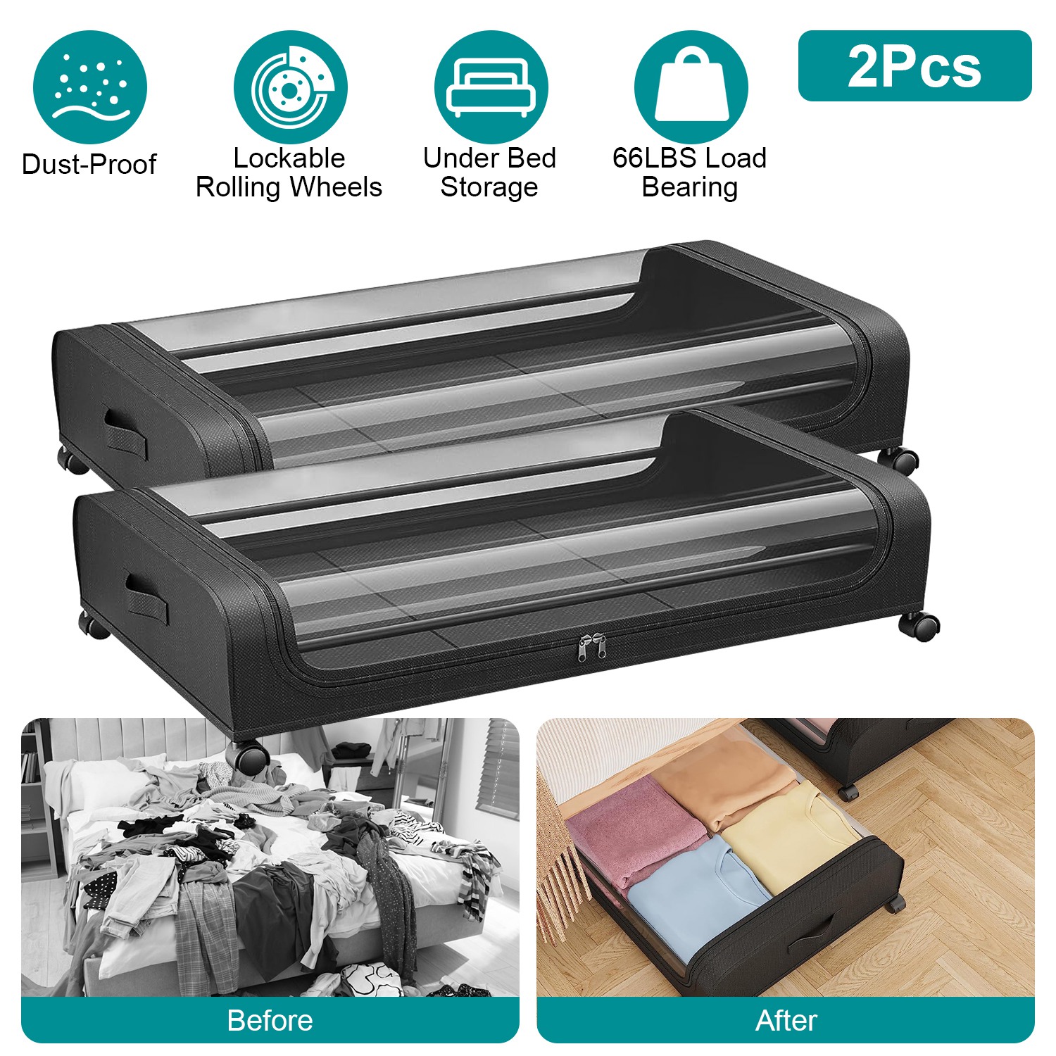 2PCS Zippered Under Bed Storage Bag Underbed Clothes Storage Drawers w/Clear Lid