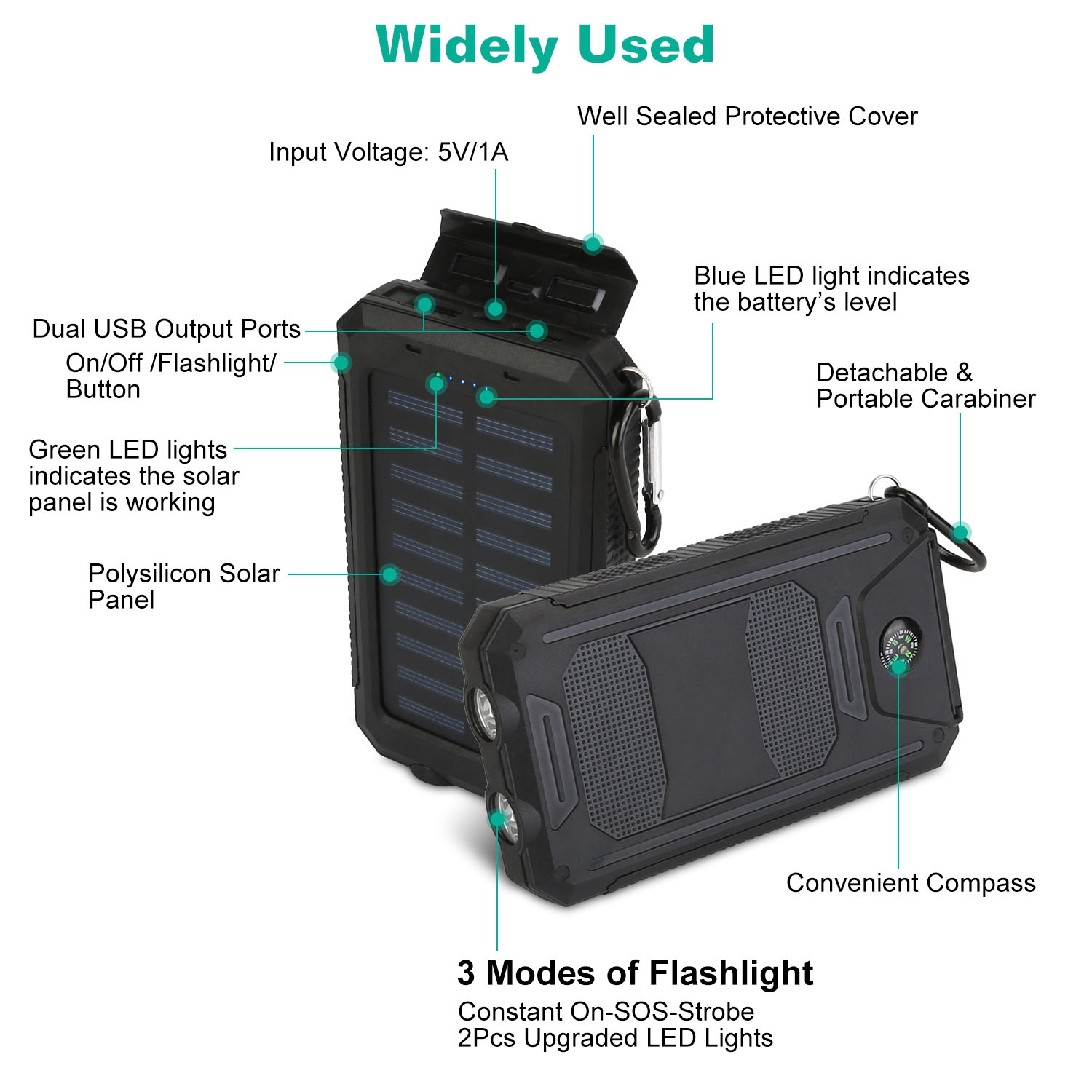 10000mAh Portable Charger Solar Power Bank External Battery Pack For Cell Phone