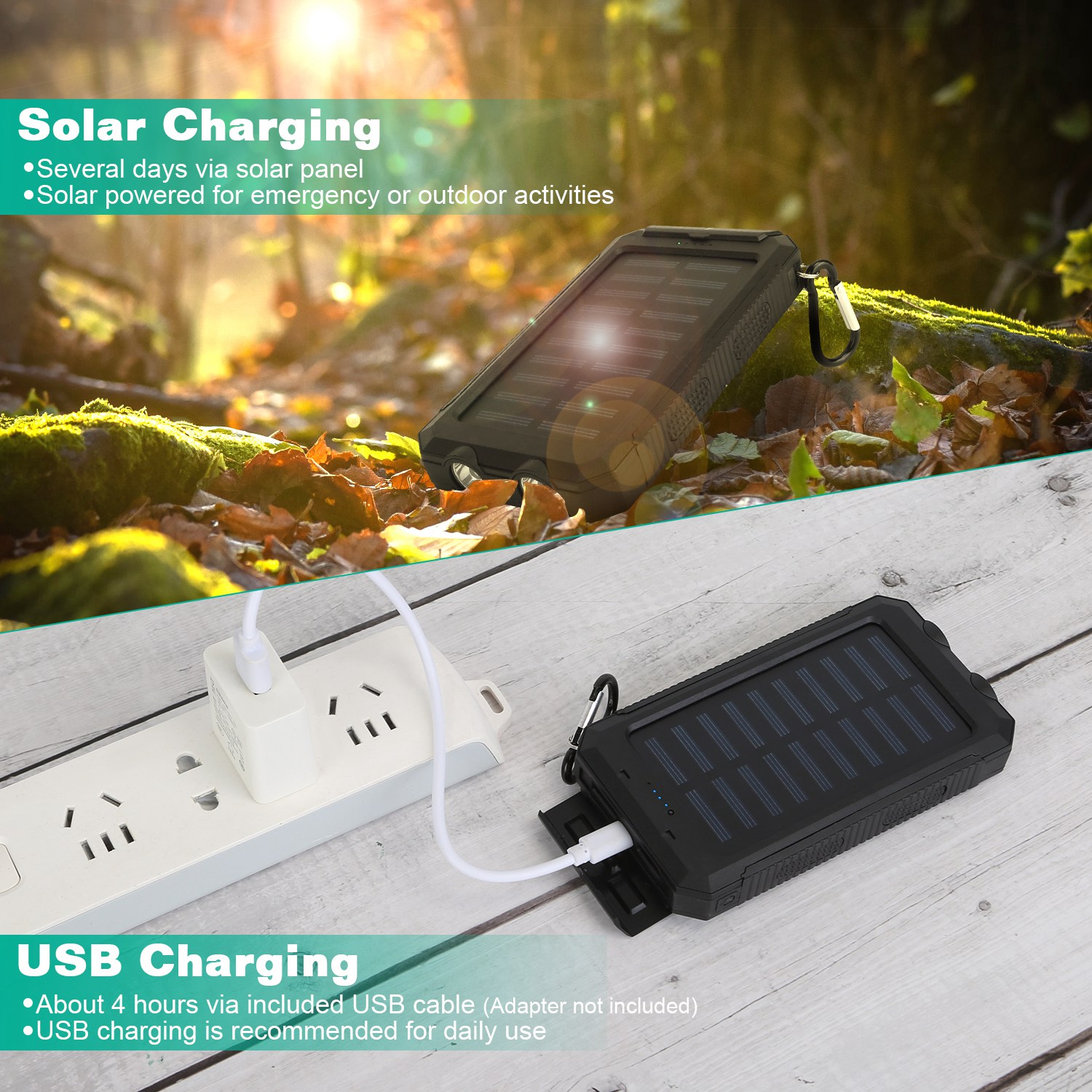 10000mAh Portable Charger Solar Power Bank External Battery Pack For Cell Phone
