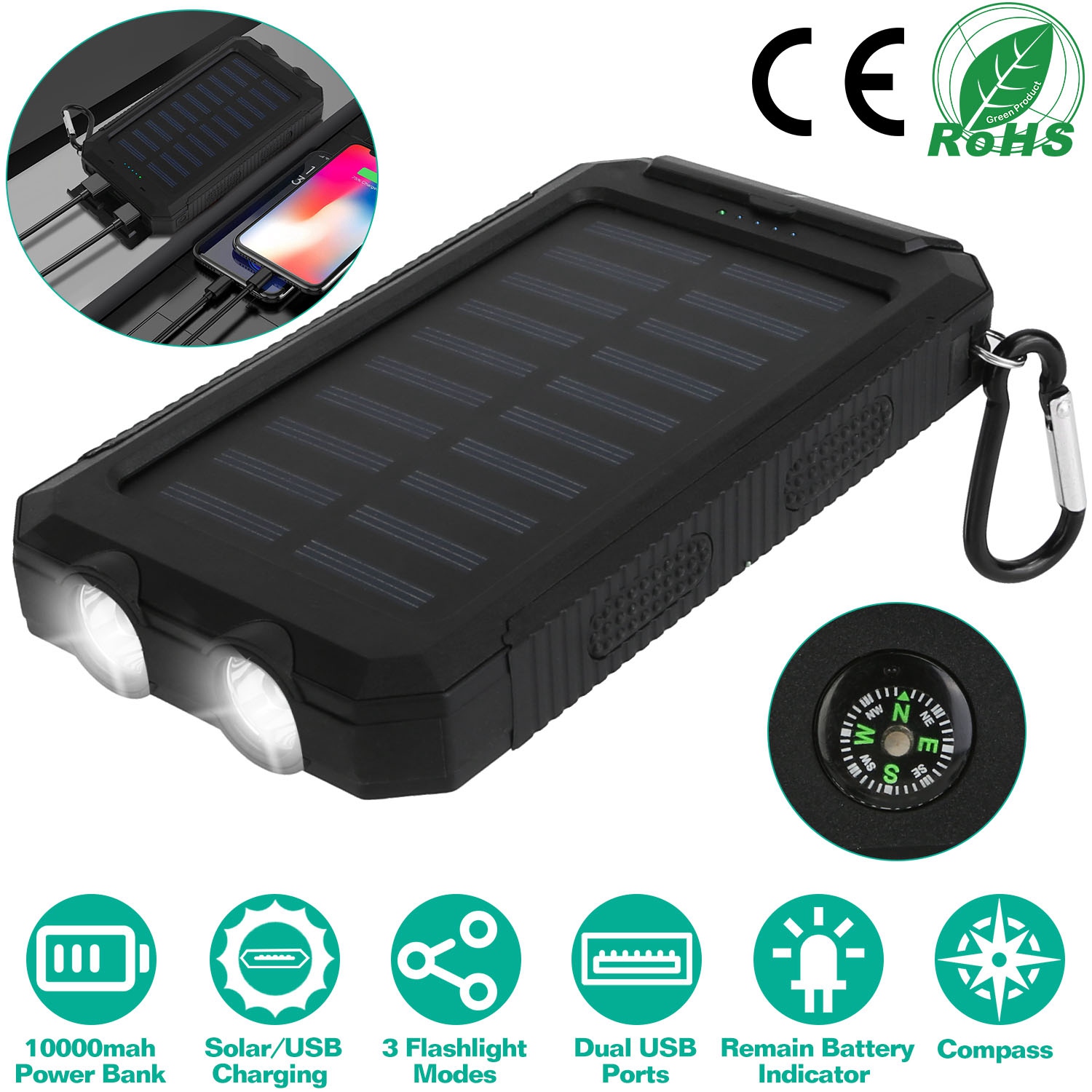 10000mAh Portable Charger Solar Power Bank External Battery Pack For Cell Phone