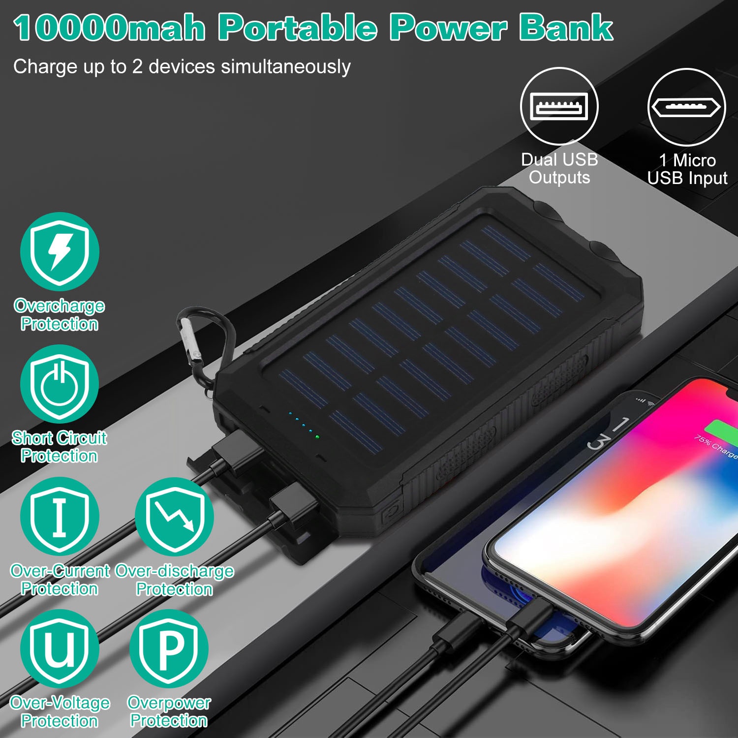 10000mAh Portable Charger Solar Power Bank External Battery Pack For Cell Phone
